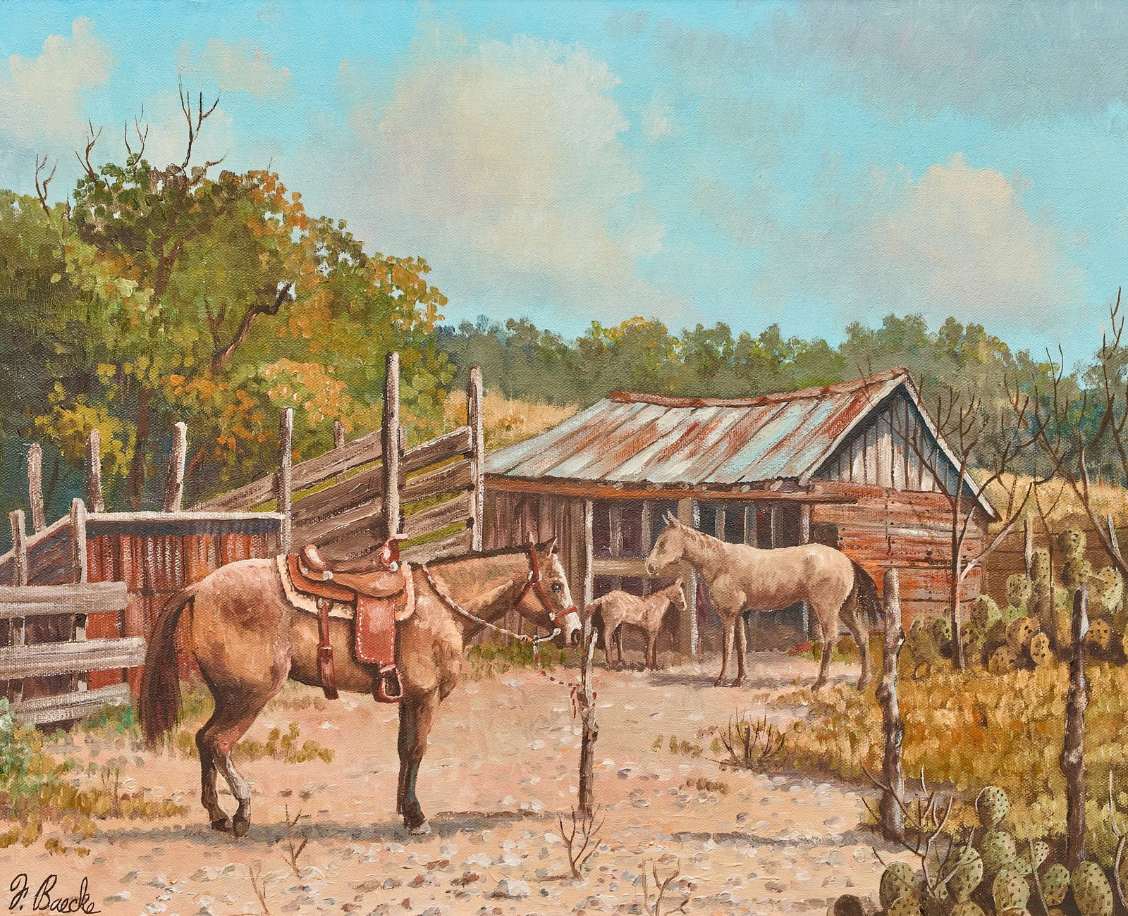 Florent P. Baecke, Ponies at a Barn: Florent P. Baecke (San Antonio, Texas, 1922-2016), horses at a barn, oil on canvas, signed lower left sight: 16 x 20 in., frame: 21 x 25 in. Provenance: Property from a home in Aransas Pass, Texa