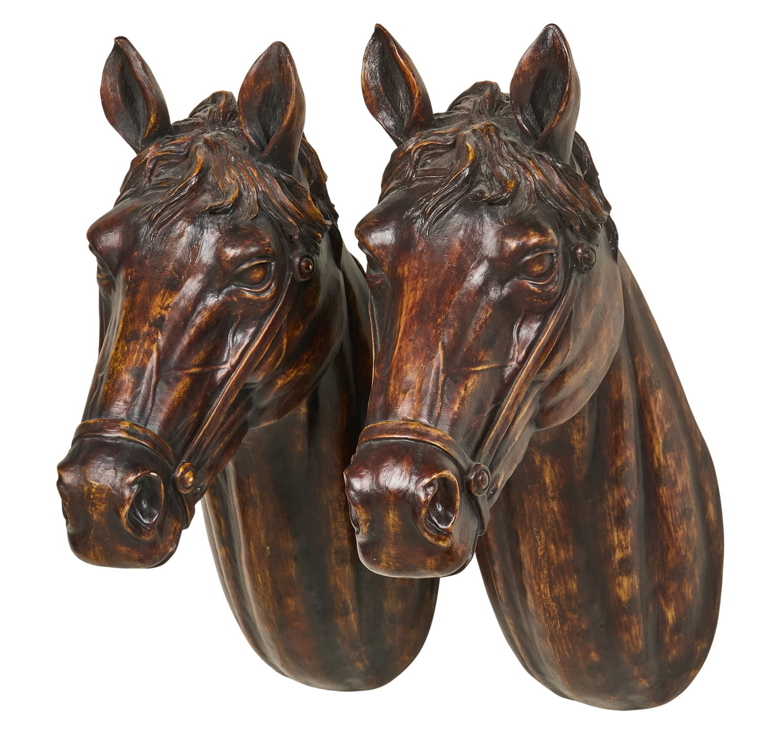Pair of Vintage Horse Heads: Pair of carved wooden sculptural horse heads, originally purchased in Lorena, Texas in the 1980s height 22 in. x width 8 in. x depth 20 in. / each Provenance: Property from a home in San