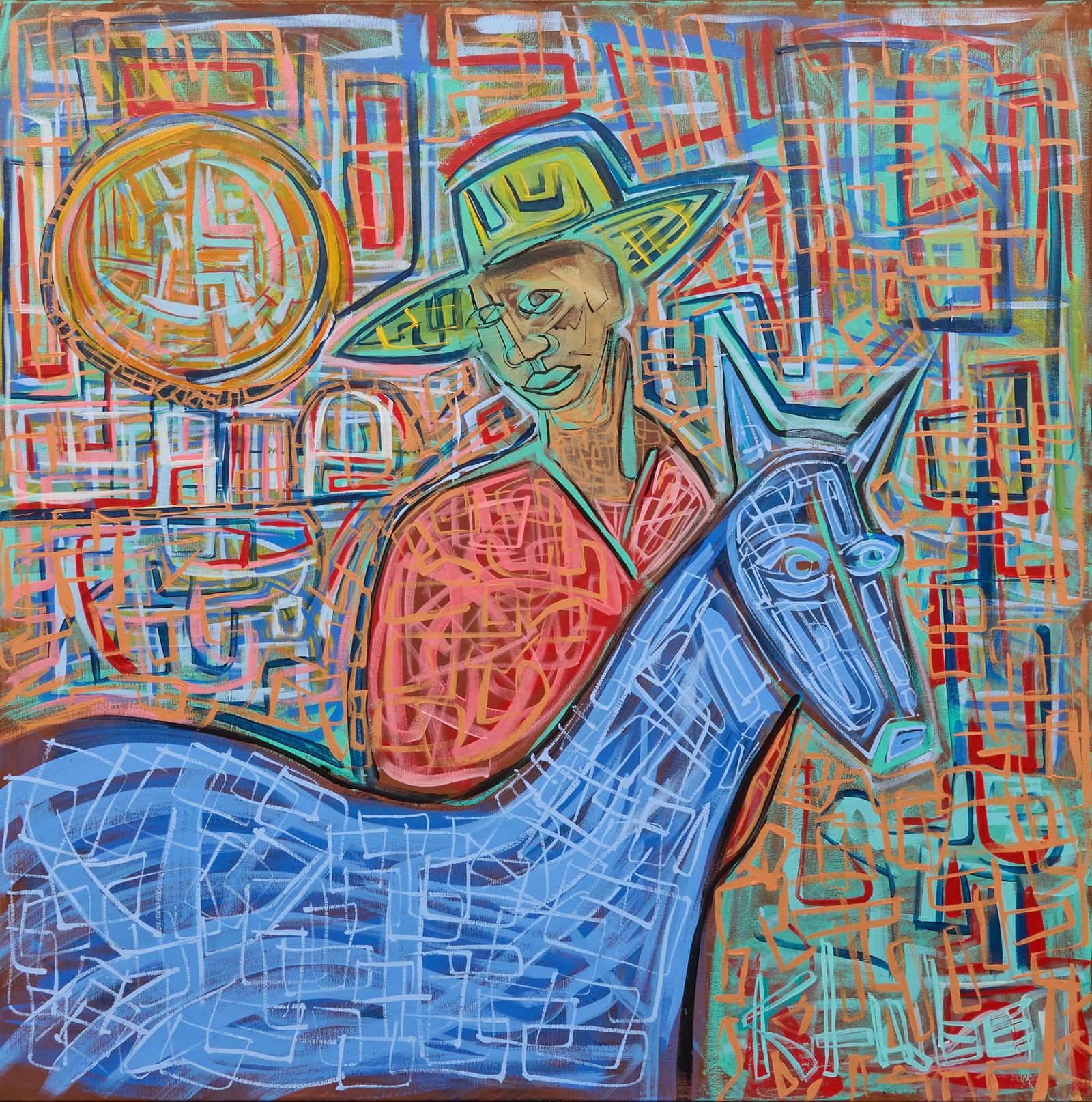 Karl Lubbering, Cowboy and Horse: Karl James Lubbering (Texas, b. 1969), cowboy with horse, acrylic on canvas, signed lower right, signed again on the verso size: 48 x 48 in. Provenance: Property from a home in the Olmos Park