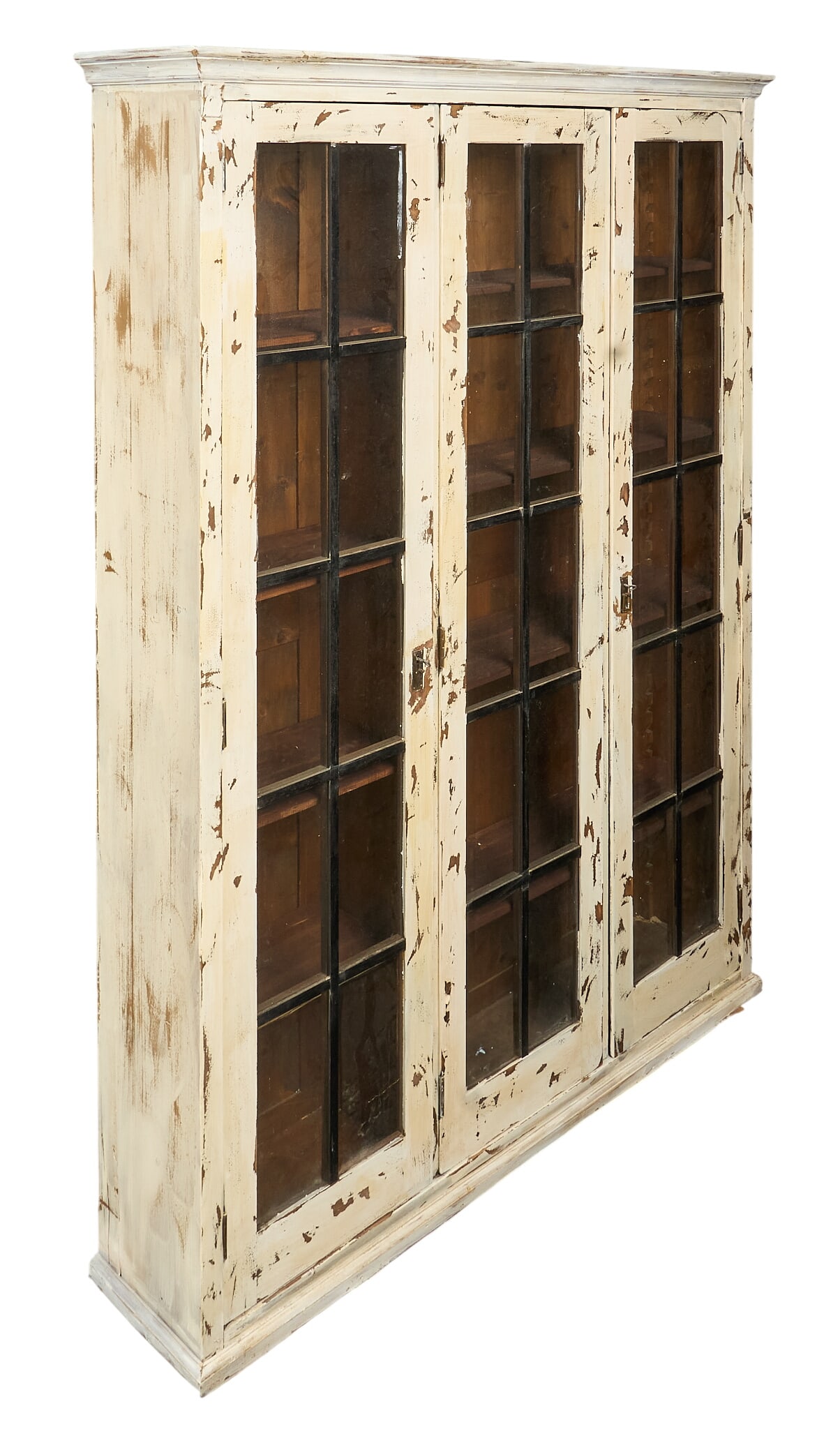 Painted Library Cabinet: Painted farmhouse bookcase / library cabinet with three doors and shelved interior, distressed painted finish height 96 in. x width 71 in. x depth 16 in. 