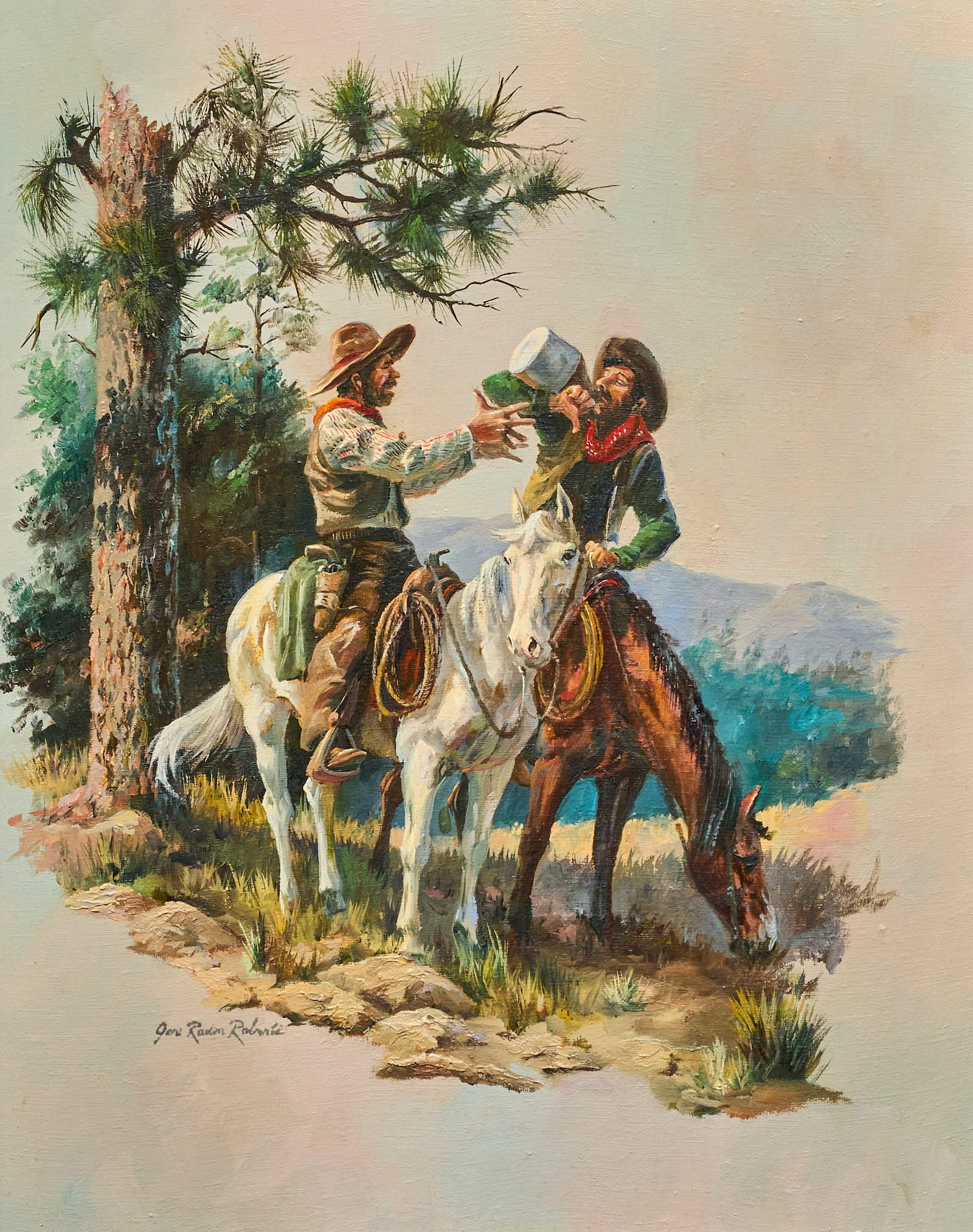 Joe Rader Roberts, Thirsty Cowboys: Joe Rader Roberts (Texas, 1925-1982), two cowboys on horseback fighting over jug of moonshine, oil on canvas, signed lower left sight: 20 x 16 in., frame: 28 x 24 in. Provenance: Property
