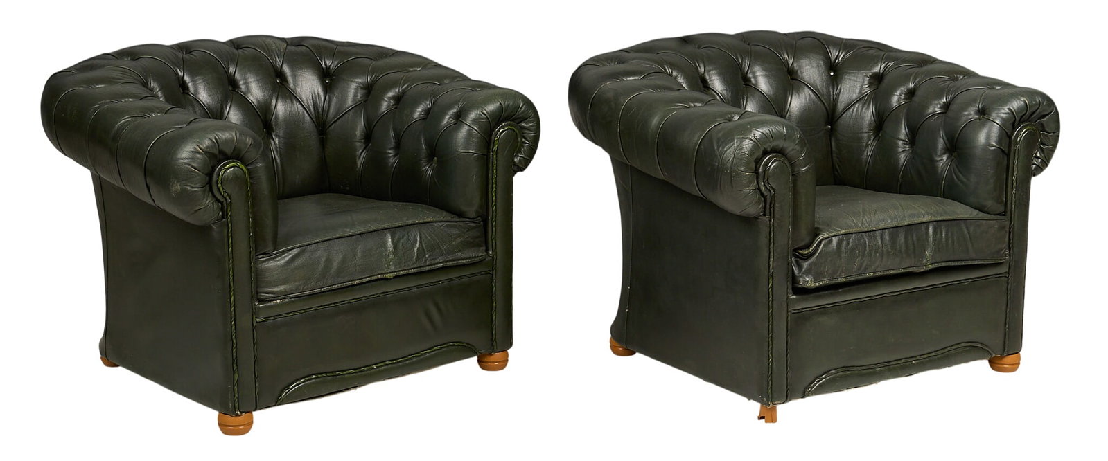 Pair of Chesterfield Club Chairs: Pair of Chesterfield style tufted leather club chairs, olive green height 29 in. x width 39 in. x depth 32 in. / each