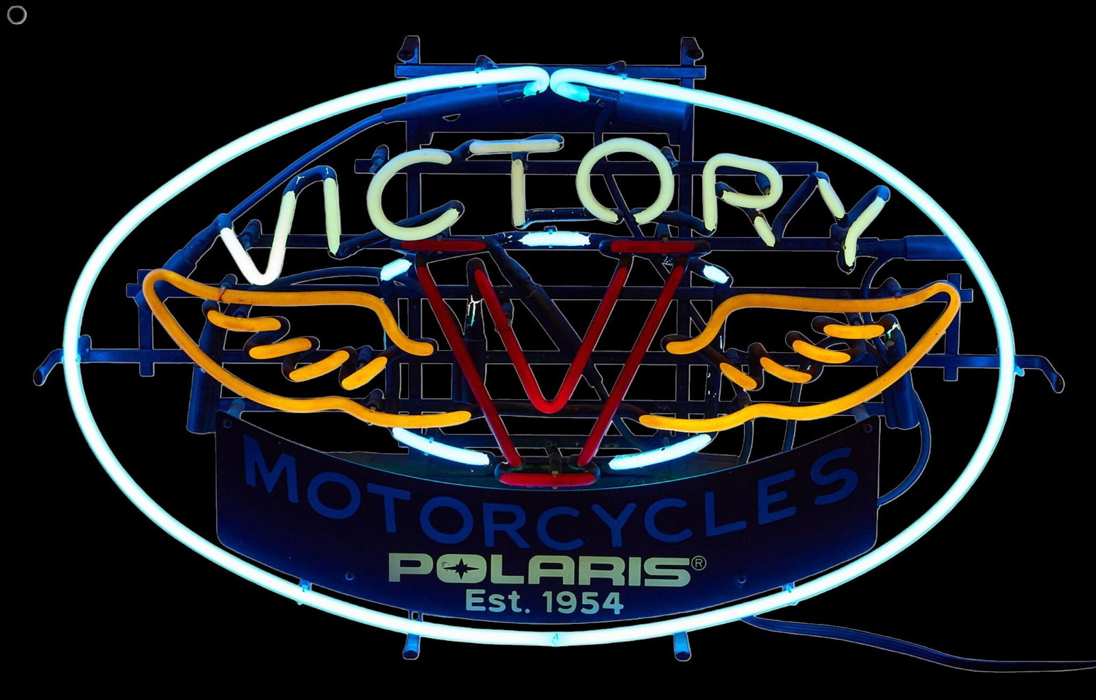Polaris Victory Motorcycles Neon Sign: Polaris Victory Motorcycles neon sign, in working condition, circa 21st century height 18 in. x width 29.5 in. x depth 6 in. Provenance: Property from a home in San Antonio, Texas