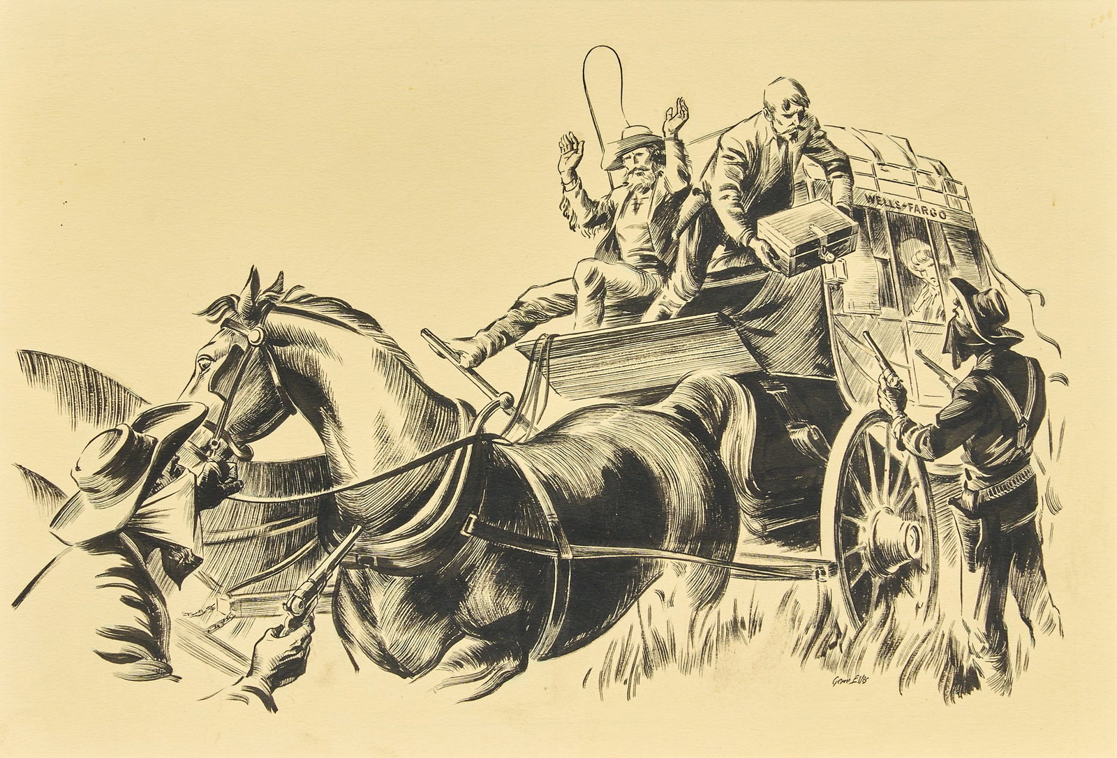 Gene Ellis, "Hold Up": Gene Ellis (Amer., 20th-21st C.), "Hold Up", ink brush painting on illustration board, signed lower right sight: 10 x 14 in., frame: 20 x 24 in. Provenance: Property from a