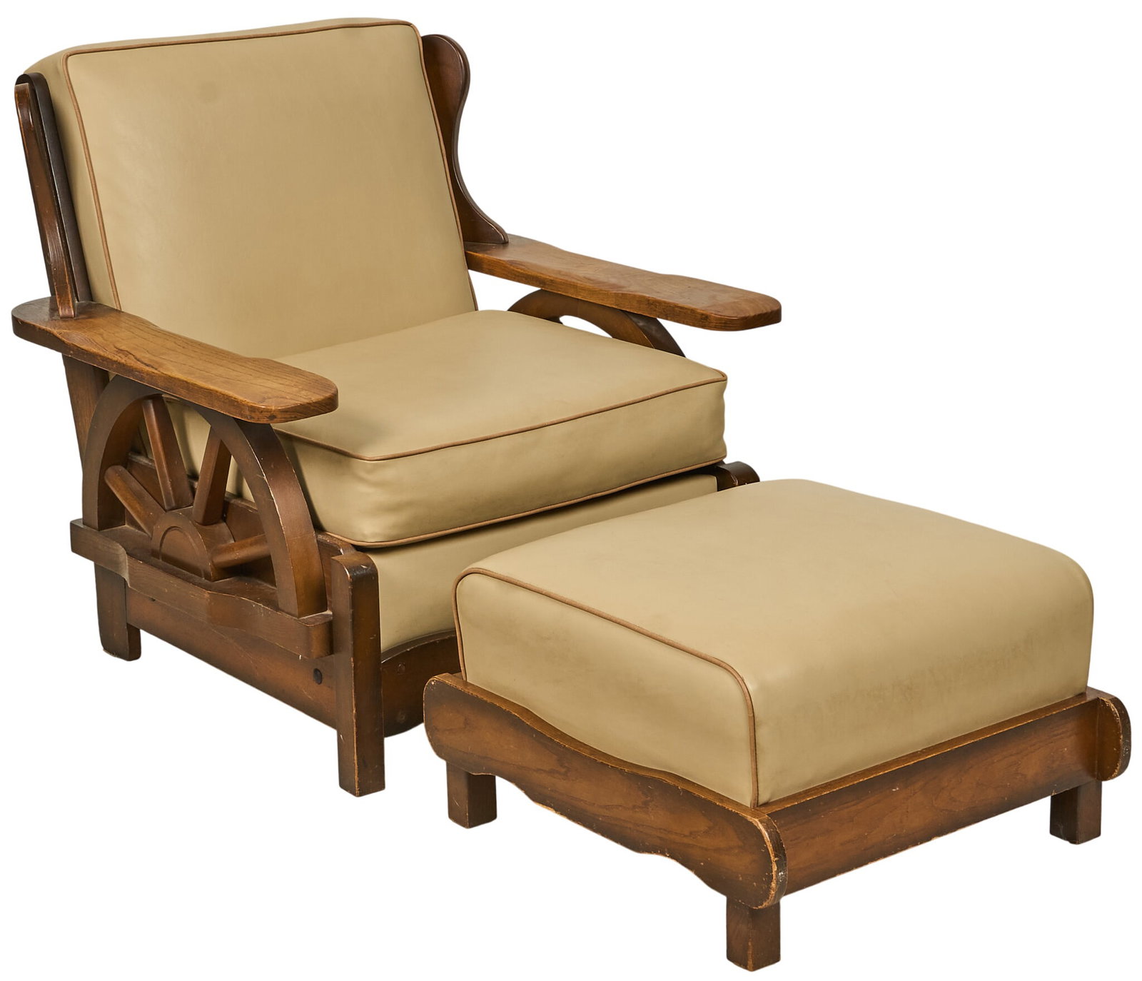 Ranch Style Armchair with Ottoman: Ranch style arm chair with wagon wheel sides, newer upholstery, and original frames circa 1960s height 32 in. x width 32.5 in. x depth 36 in. Provenance: Single-owner property