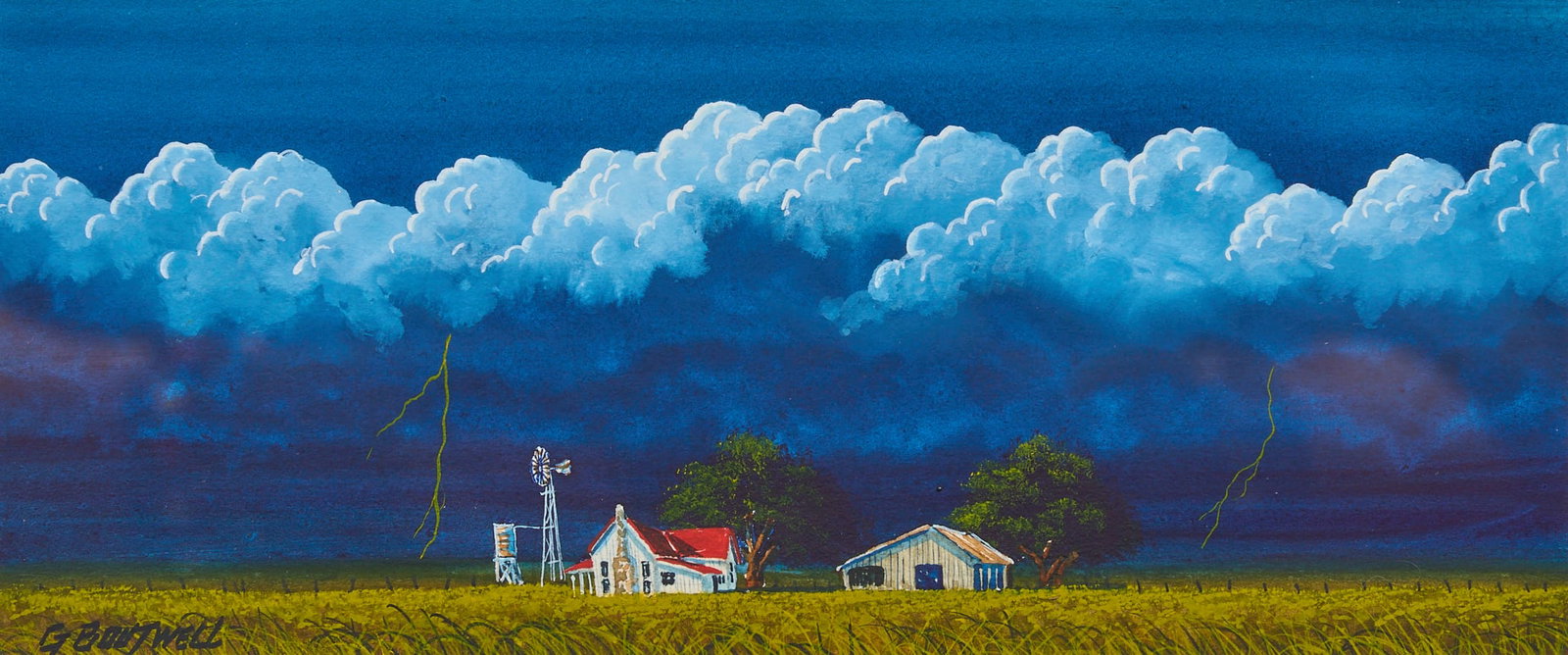 George Boutwell, Farmhouse in Storm: George Boutwell (Texas, b. 1943), farm homestead in thunderstorm, gouache on illustration board, signed lower left sight: 9 x 4 in., frame: 10.5 x 16 in. Provenance: Property from a home in San