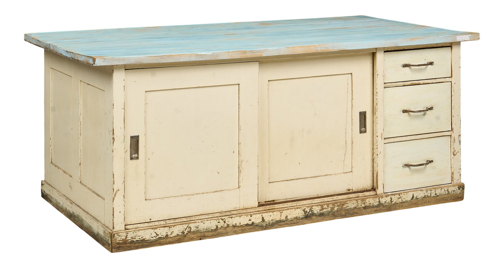 Vintage Store Counter: Vintage two-tone store counter, sliding doors and three drawers on each side height 31 in. x width 73 in. x depth 39 in.