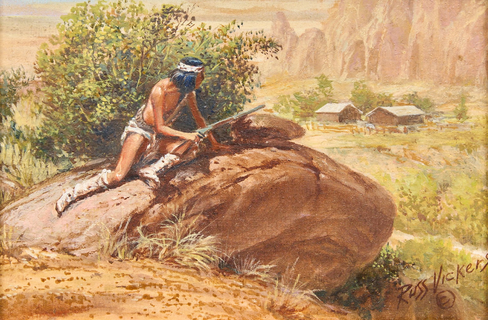 Russ Vickers, "In Need of a Horse": Russ Vickers (California / Arizona, 1923-1997), "In Need of a Horse", oil on panel, signed lower right, artist's inscription on the verso with signature, title, and date, 1977