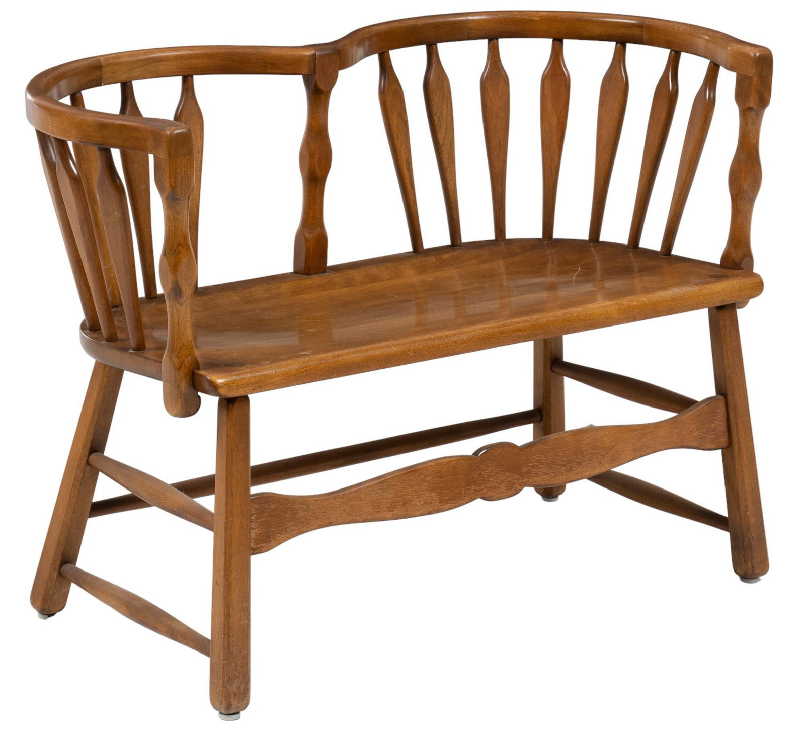 Early American Partner's Bench: Vintage early American (Sikes, Buffalo, New York) wooden partner's bench, curved splat back forming two seats, shaped stretcher, splayed legs height 29 in. x width 41.5 in. x depth 20 in.