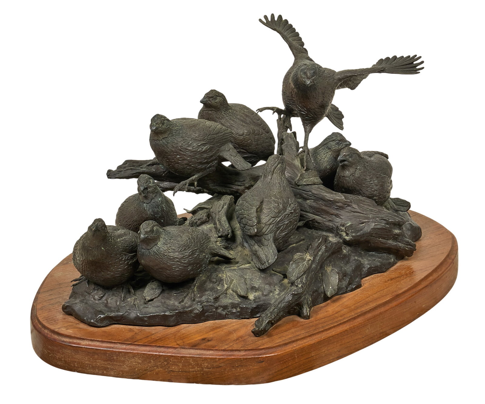 Bob Guelich, "Bobwhites": Bob Guelich (Texas, b. 1944), "Bobwhites", artist-cast bronze sculpture on wooden base, with incised signature and edition number 9/43 height 11 in. x width 24 in. x depth 16