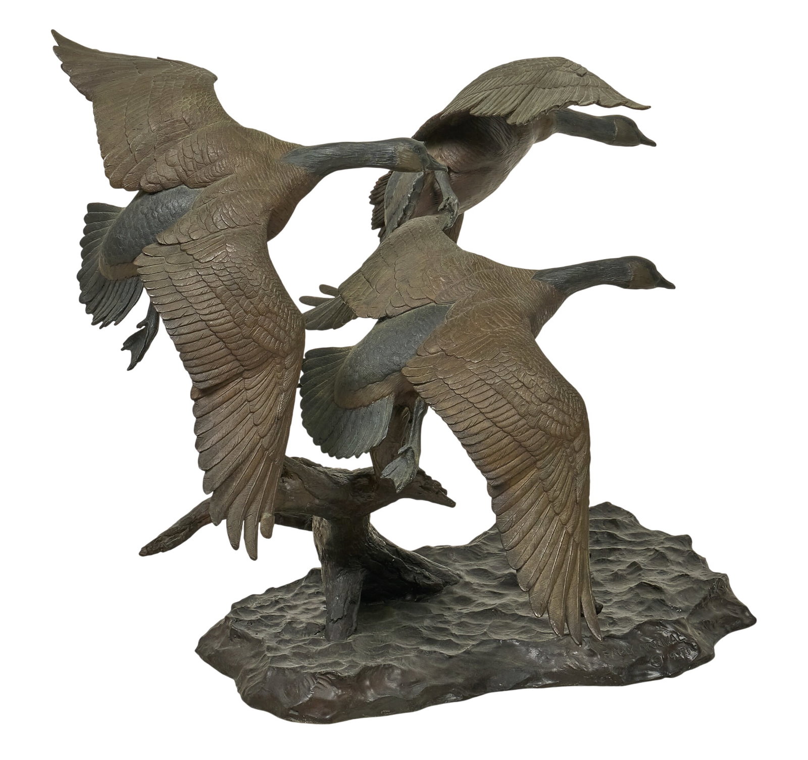 Bob Guelich, "Early Arrival": Bob Guelich (Texas, b. 1944), "Early Arrival", artist-cast bronze sculpture on wooden base, with incised signature, edition number 9/43, and date, 1979 height 21 in. x width 27 in. x
