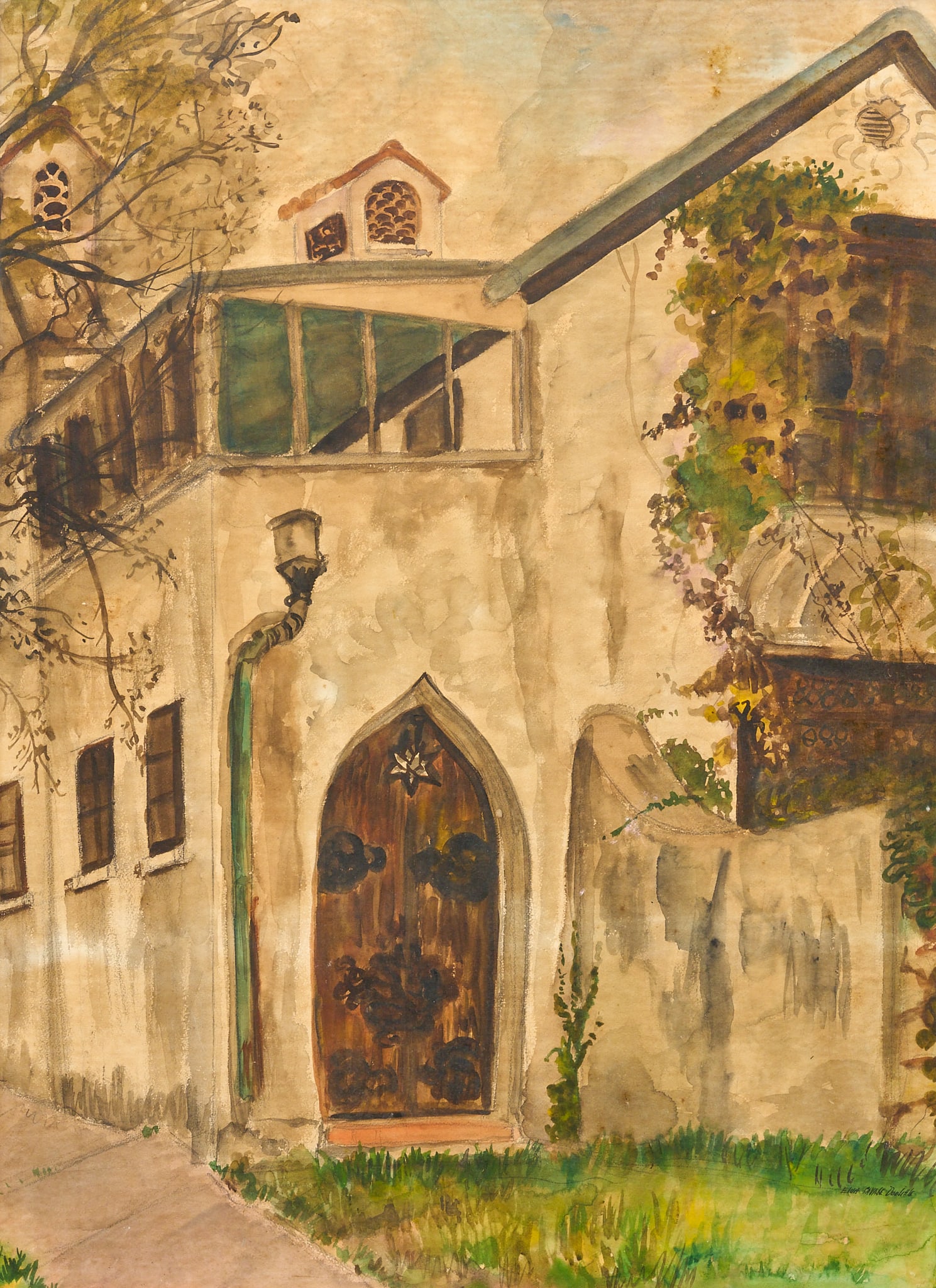Elva Doolittle, Old San Antonio House: Elva Savage Doolittle (California / Texas, 1920-1979), "The Old Clegg House" (San Antonio, Texas), watercolor on watercolor board, signed lower right, inscribed on the verso with "River