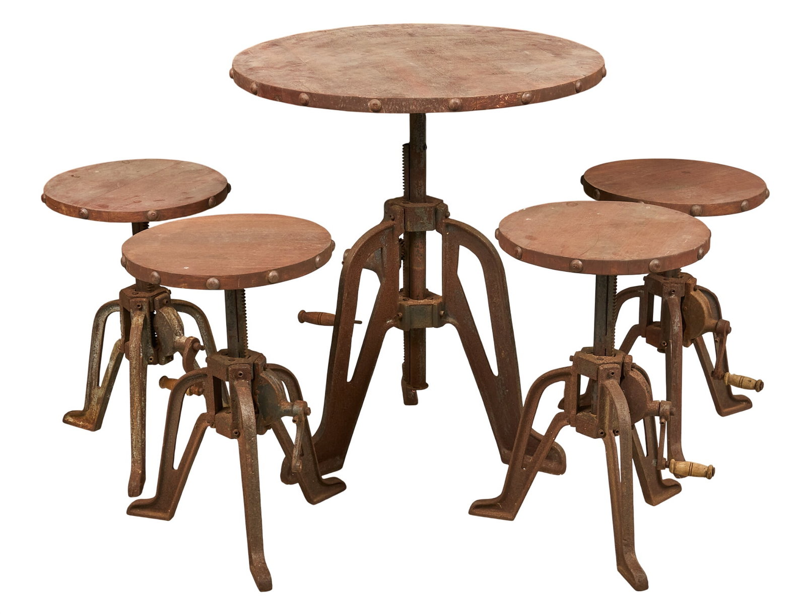 Industrial Table and Chair Set: Industrial style pub table with wooden top supported on rustic iron base with crank and gear height adjustment, and four matching stools with wooden seats, and adjustable bases height 34.5 in.