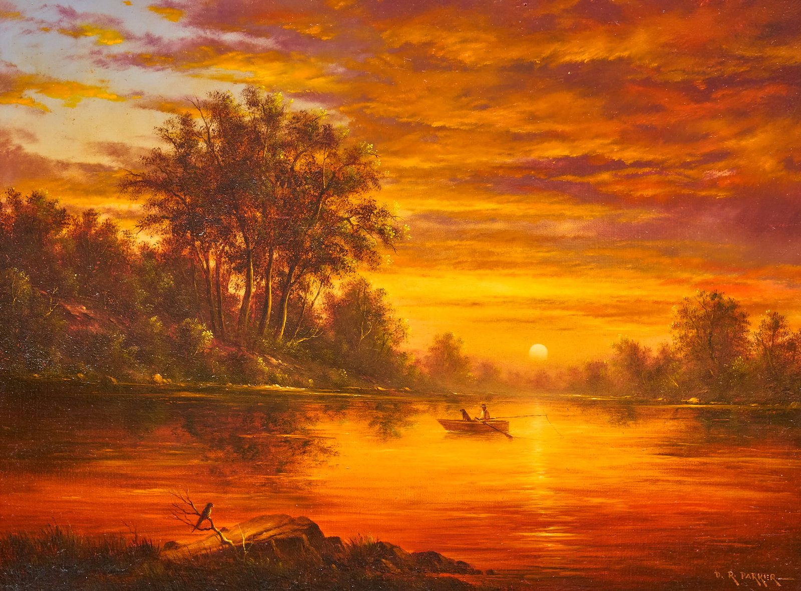 D. R. Parker, Sunset Scene: D.R. Parker (Texas, b. 1940), sunset lake scene with man fishing with his dog in a boat, oil on artist panel, signed lower right sight: 12 x 16 in., frame: 19 x 23 in. Provenance: Property from