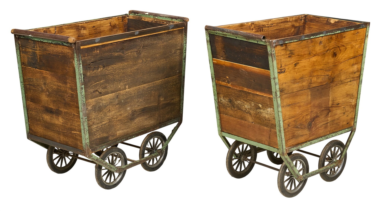(2) Industrial Carts: Pair of vintage wooden industrial carts, wooden plank construction supported by iron frame and wheels height 34 in. x width 33 in. x depth 17.5 in. 