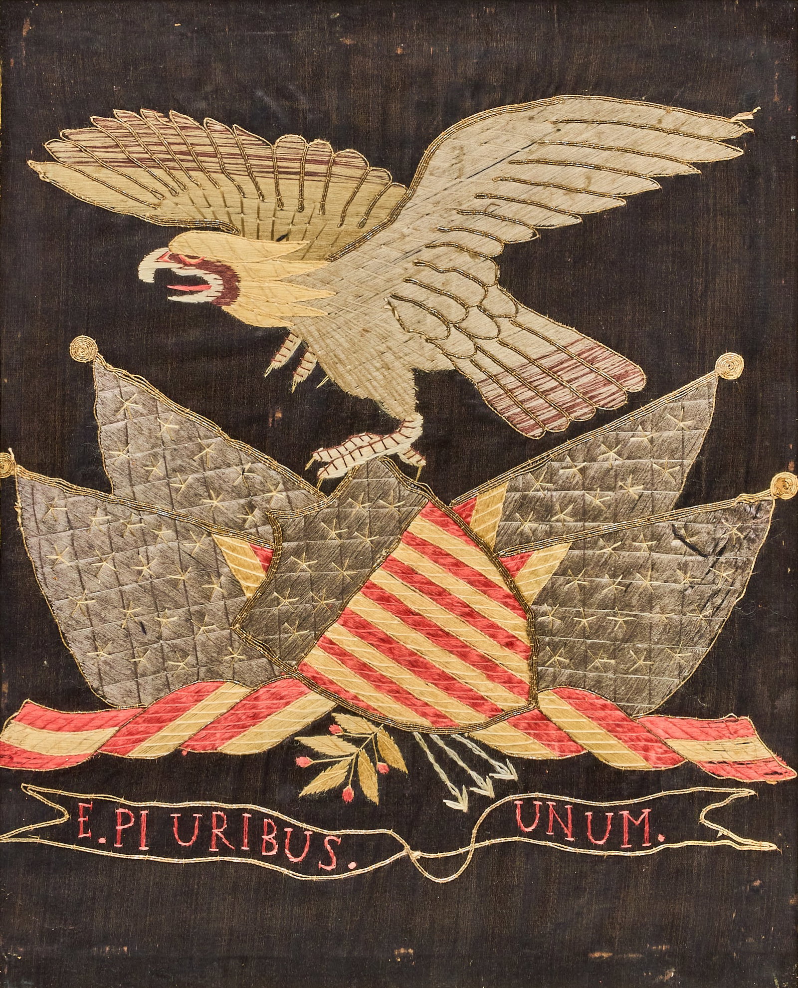Framed Embroidered Silk Patriot Panel: Framed vintage embroidered silk patriotic panel with bald eagle and liberty shield above sight: 20 x 16 in., frame: 25 x 21 in. Provenance: Property from a home in New Braunfels, Texa