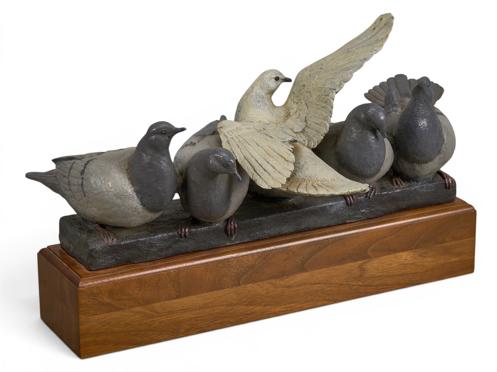 Cindy Burleson, "Prima Donna": Cindy Burleson (Texas, b. 1958), "Prima Donna", group of pigeons, artist-cast and cold painted bronze sculpture on wooden base, incised signature and edition number 2/15 Height 11