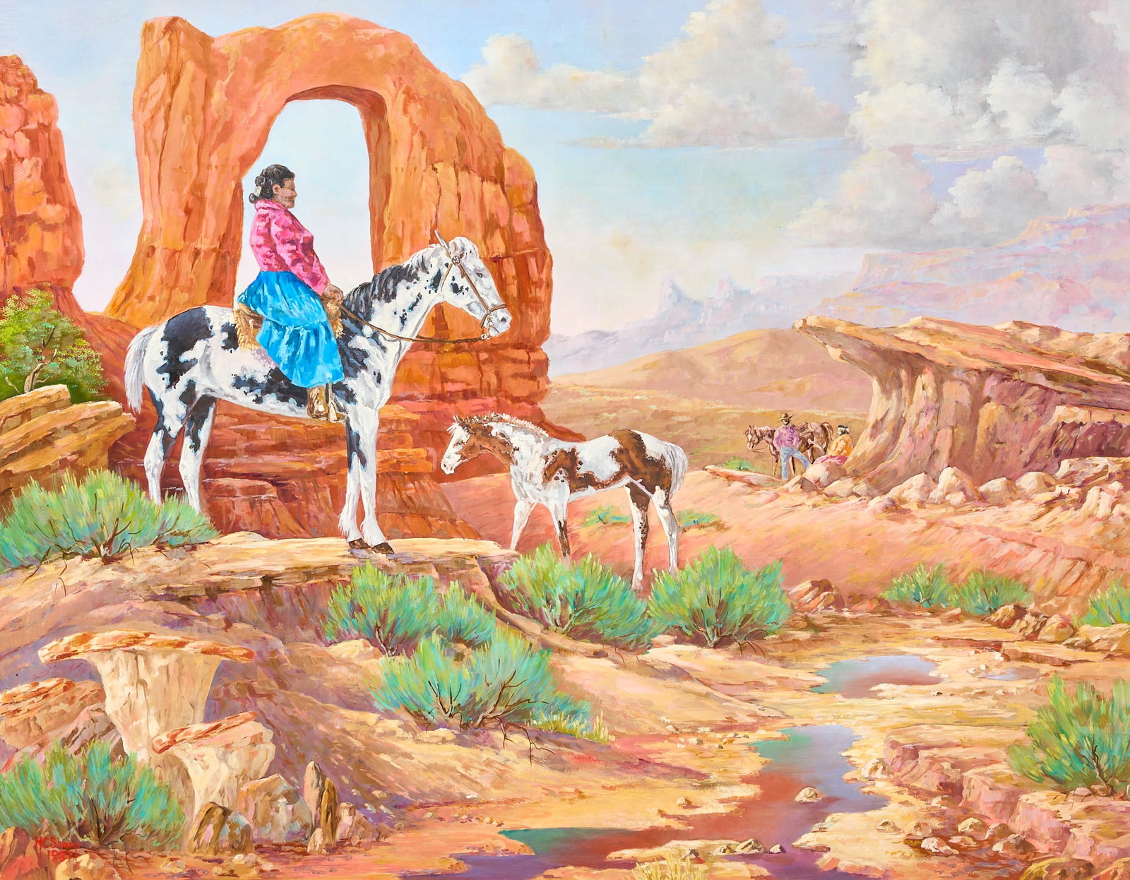 M. C. Sharp, Riding in the Red Rocks: M. C. Sharp (Amer., b. 20th C.), Navajo riders in desert, with red rocks and creekbed, oil on canvas, signed and dated lower left, 1987 sight: 22 x 28 in., frame: 27 x 33 in. Provenance: Property