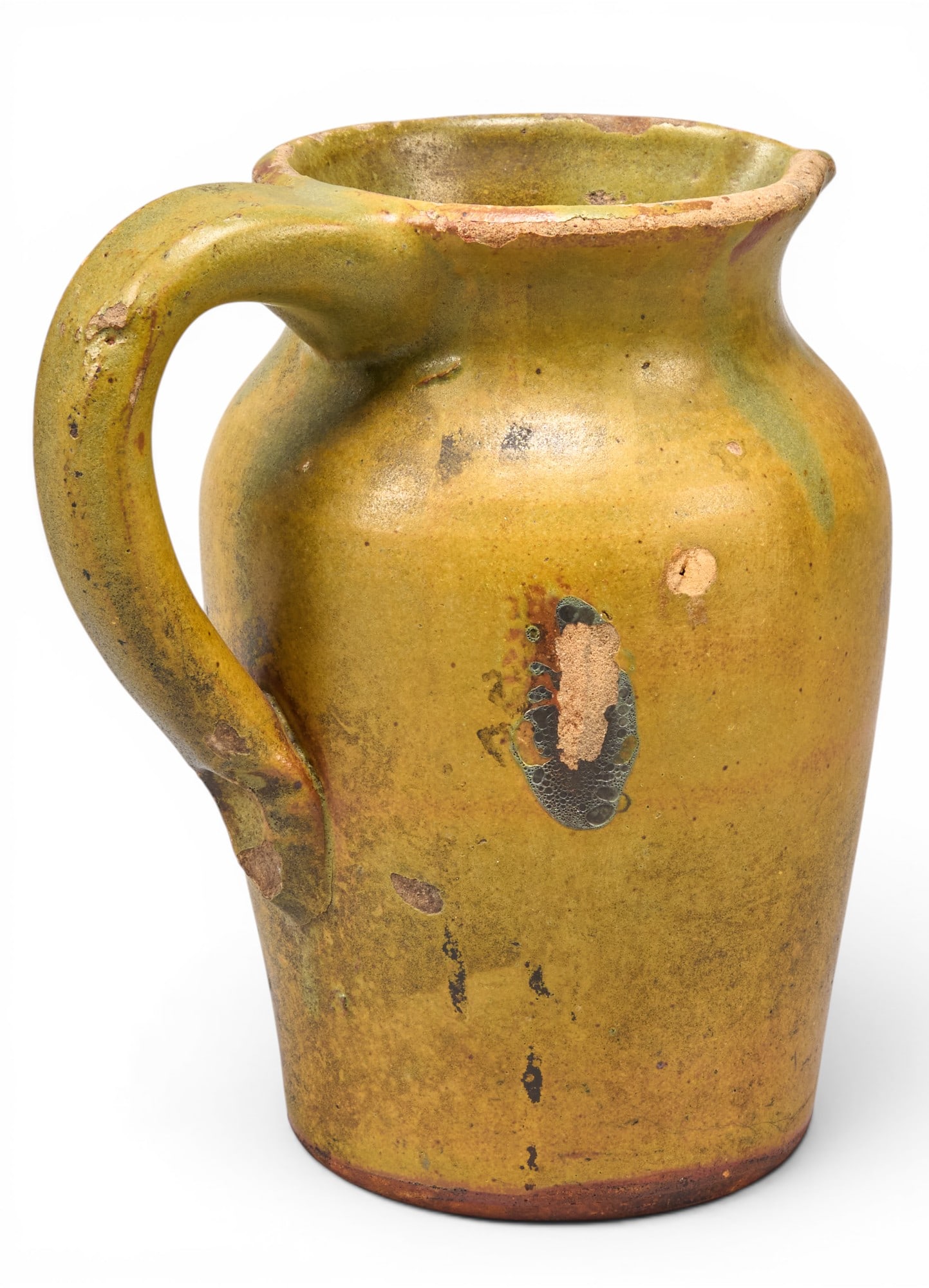 Meyer Pottery Pitcher: Vintage Meyer pottery pitcher with handle height 8 in. x width 5.5 in. x depth 6.5 in. Provenance: Property from a home in Fredericksburg, Texas