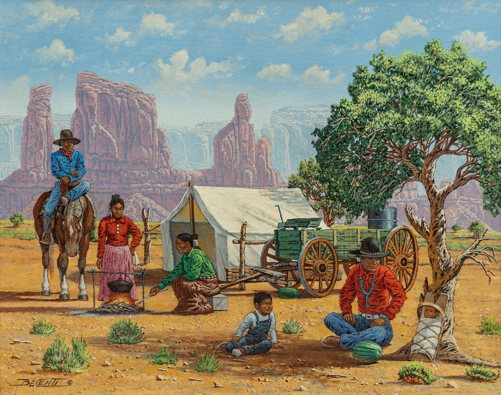 Robert Becenti, Jr., Monument Valley Camp: Robert Becenti, Jr. (New Mexico, 1949-2001), Navajo encampnment in Monument Valley, oil on canvas sight: 16 x 20 in., frame: 20 x 24 in Provenance: Property from a home in San Antonio, Texas