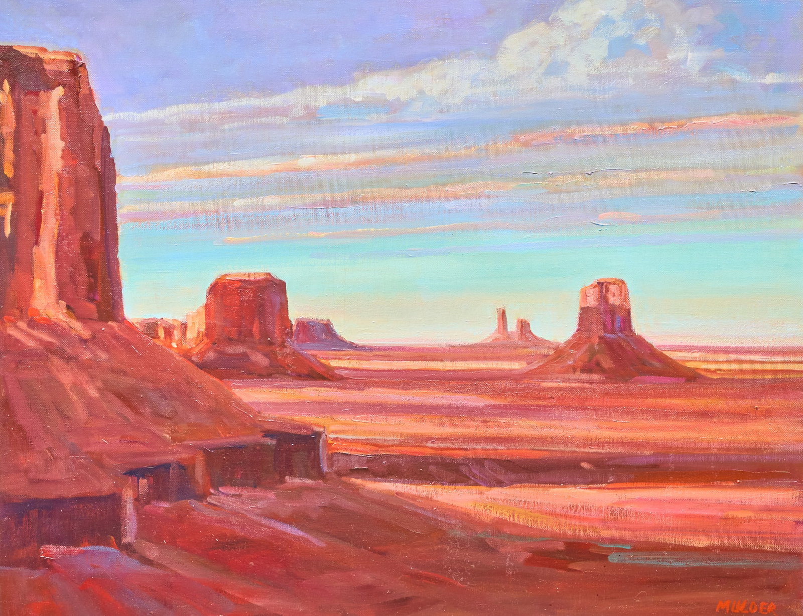 Tom Mulder, "Evening Light, Monument Valley": J. Thomas Mulder (Utah, 1939-2008), "Evening Light, Monument Valley", oil on canvas, signed lower right, artist's inscription on the verso with signature, title, and date, 1991