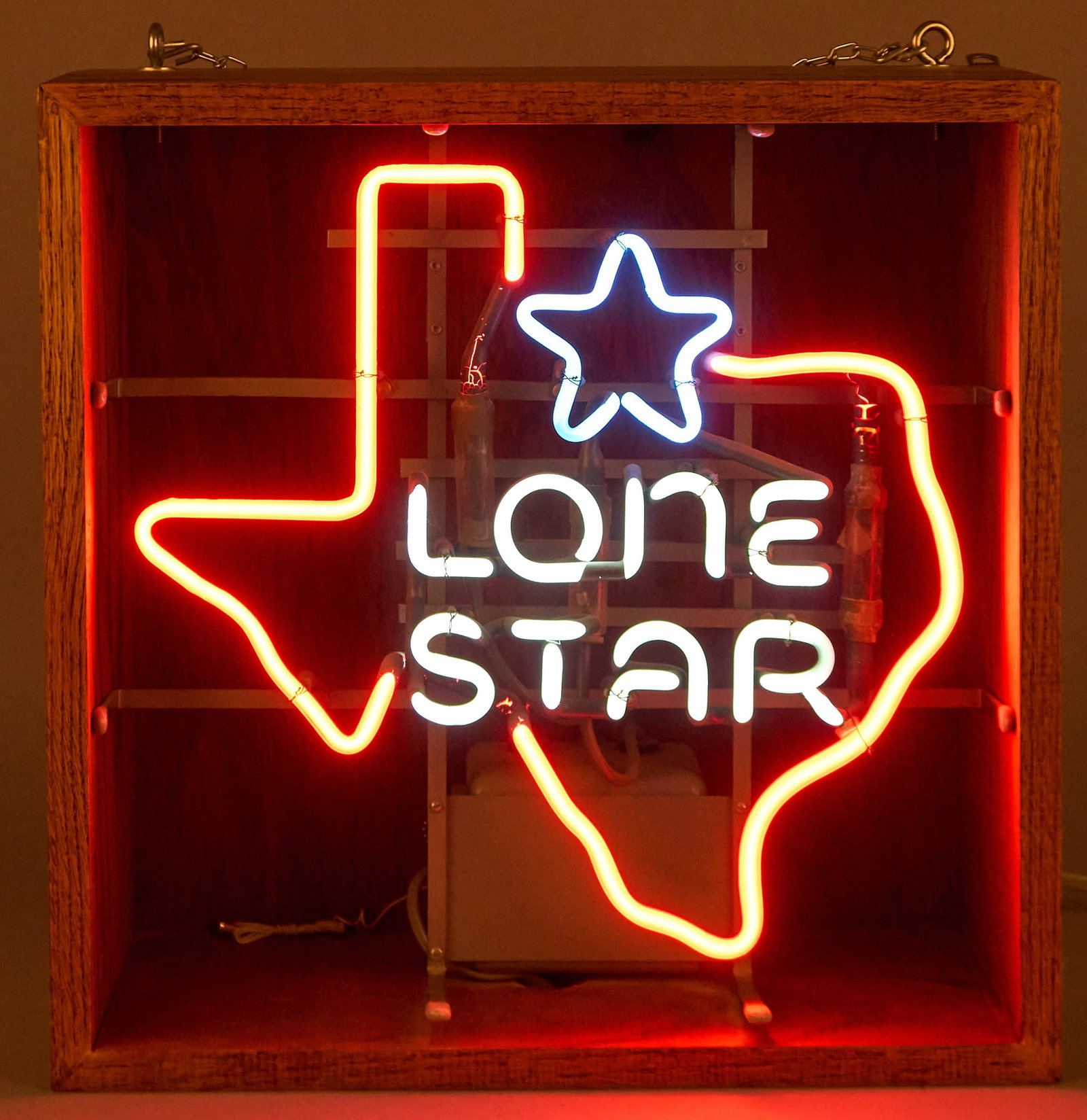 Vintage Lone Star Beer Neon Sign: Vintage Lone Star neon sign, in working condition height 19 in. x width 19 in. x depth 6 in. Provenance: Property from a home in Helotes, Texas