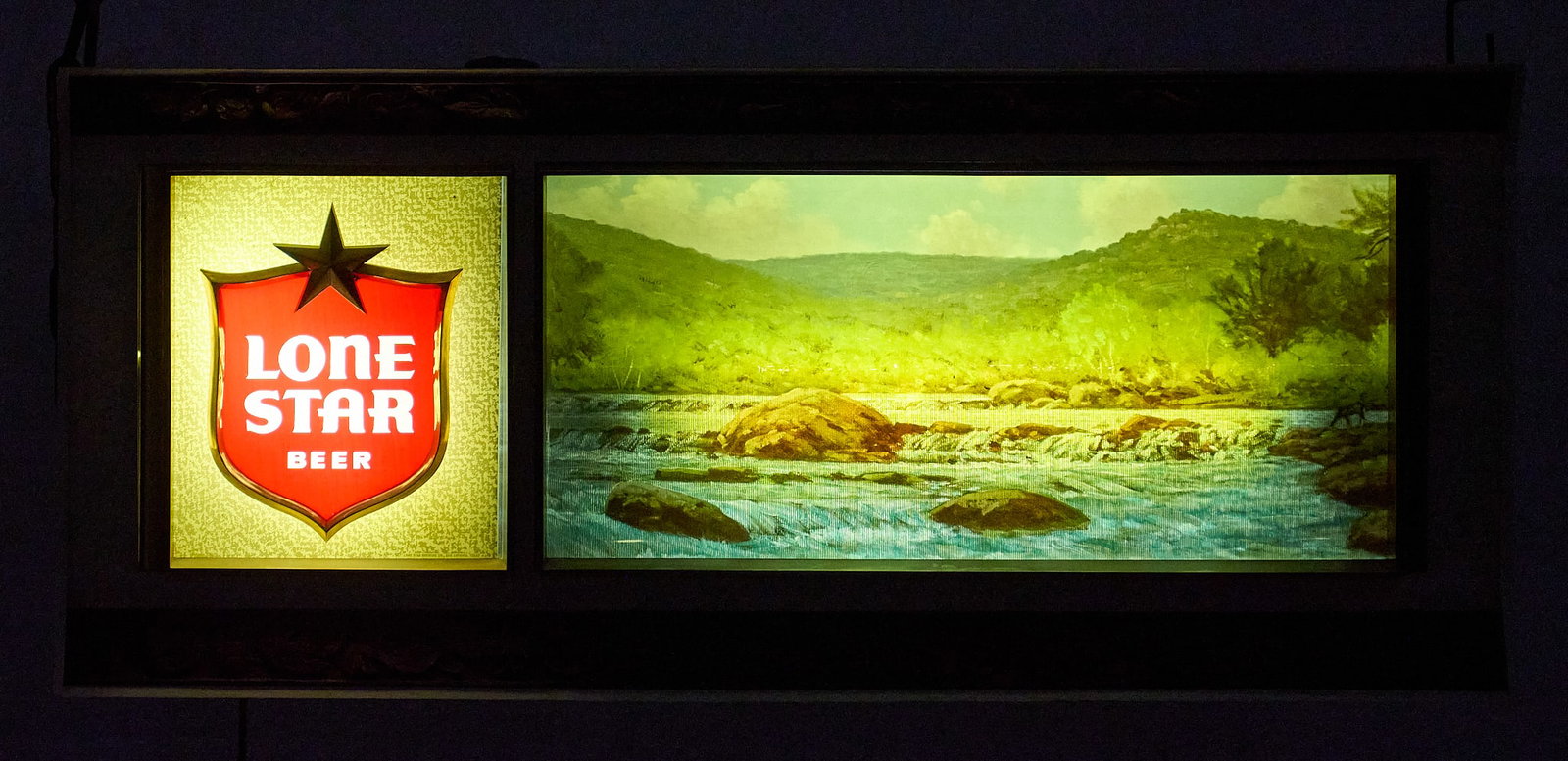Limited Edition Lone Star Beer Panorama Lighted Sign: Limited edition Lone Star Beer panorama lighted sign, with detail of oil painting by Porfirio Salinas, in working condition height 16 in. x width 36 in. x depth 5 in. Provenance: Property from t