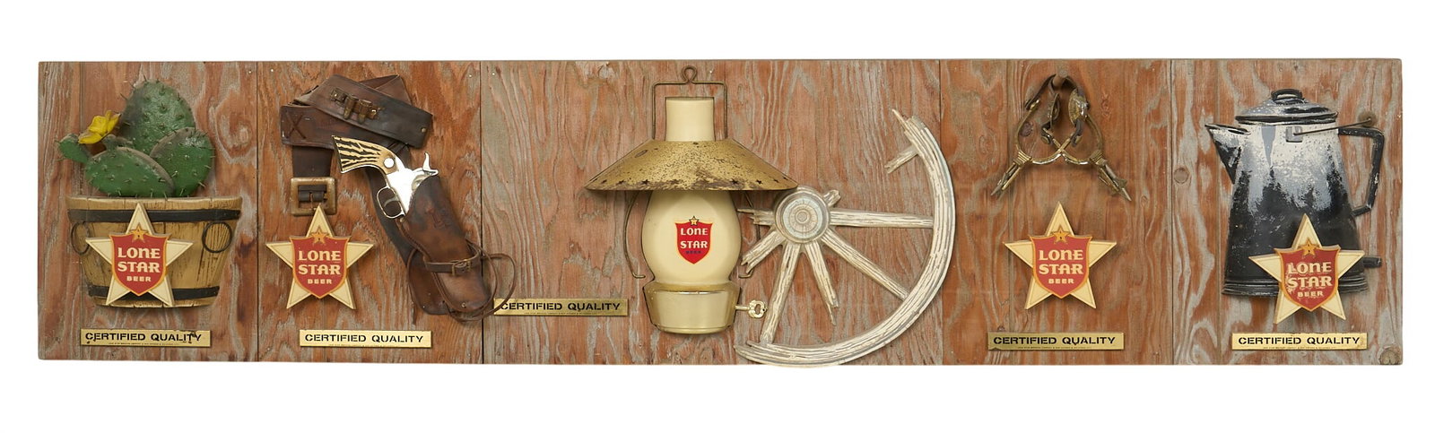 Lone Star Beer Illuminated Wall Display: Lone Star Beer western-themed illuminated wall hanging display, customized with vintage Lone Star Beer advertising panels, holster, powder flask, wagon wheel, horse yoke, kettle, mounted on backboard 