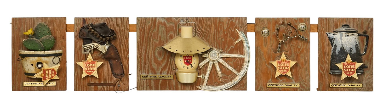 Lone Star Beer Illuminated Wall Display: Five-piece Lone Star Beer illuminated Western wall display, custom constructed with vintage Lone Star Beer advertising panels and assorted Western ranch artifacts including holster, powder flask,