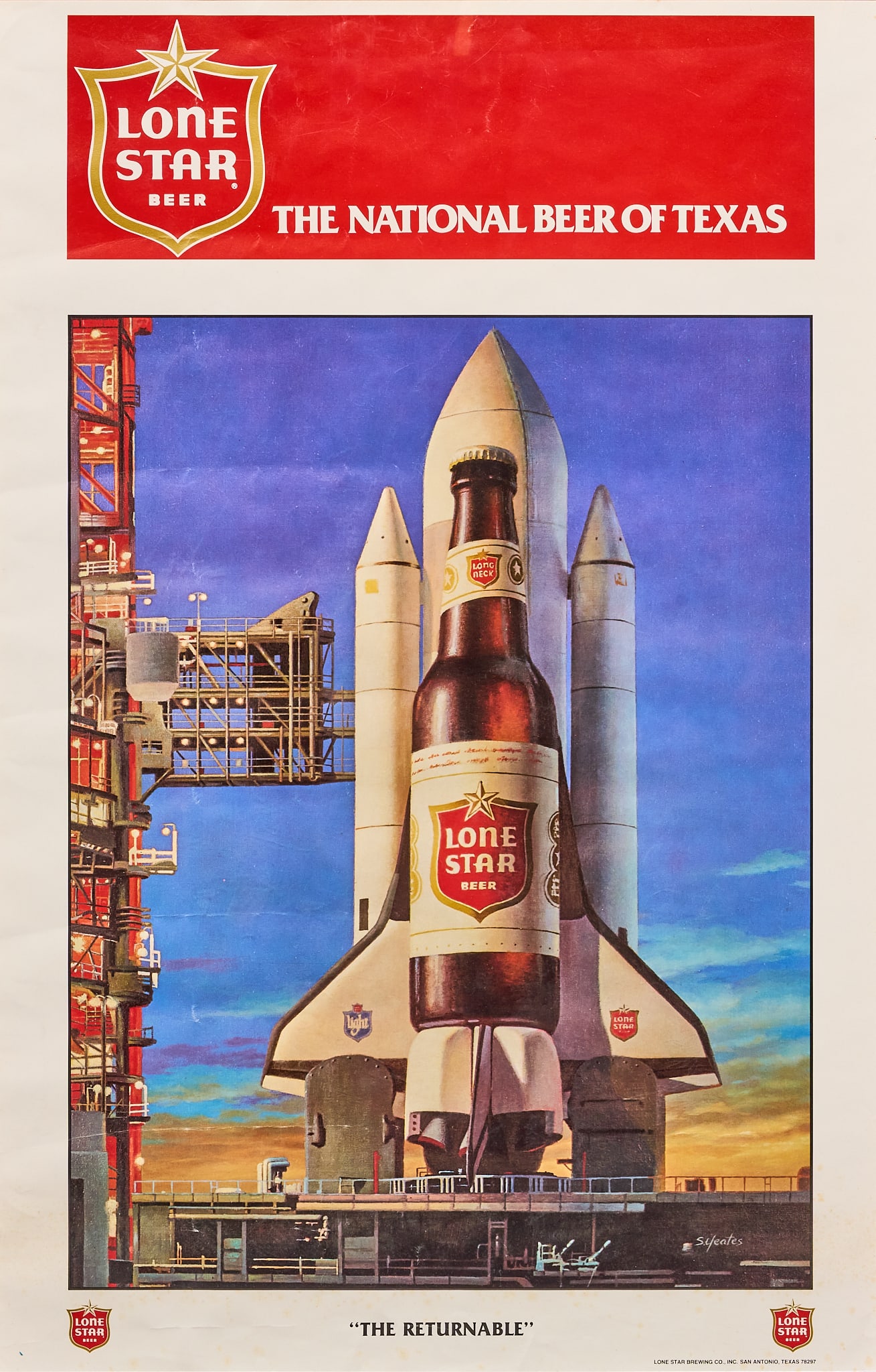 Framed Lone Star Beer "The Returnable" Poster: Framed 1978 "The Returnable" poster by Sam Yeates (Austin, Texas) sight: 27 3/4 x 18 in., frame: 34 x 22 1/2 in Provenance: Property from a home in San Antonio, TX