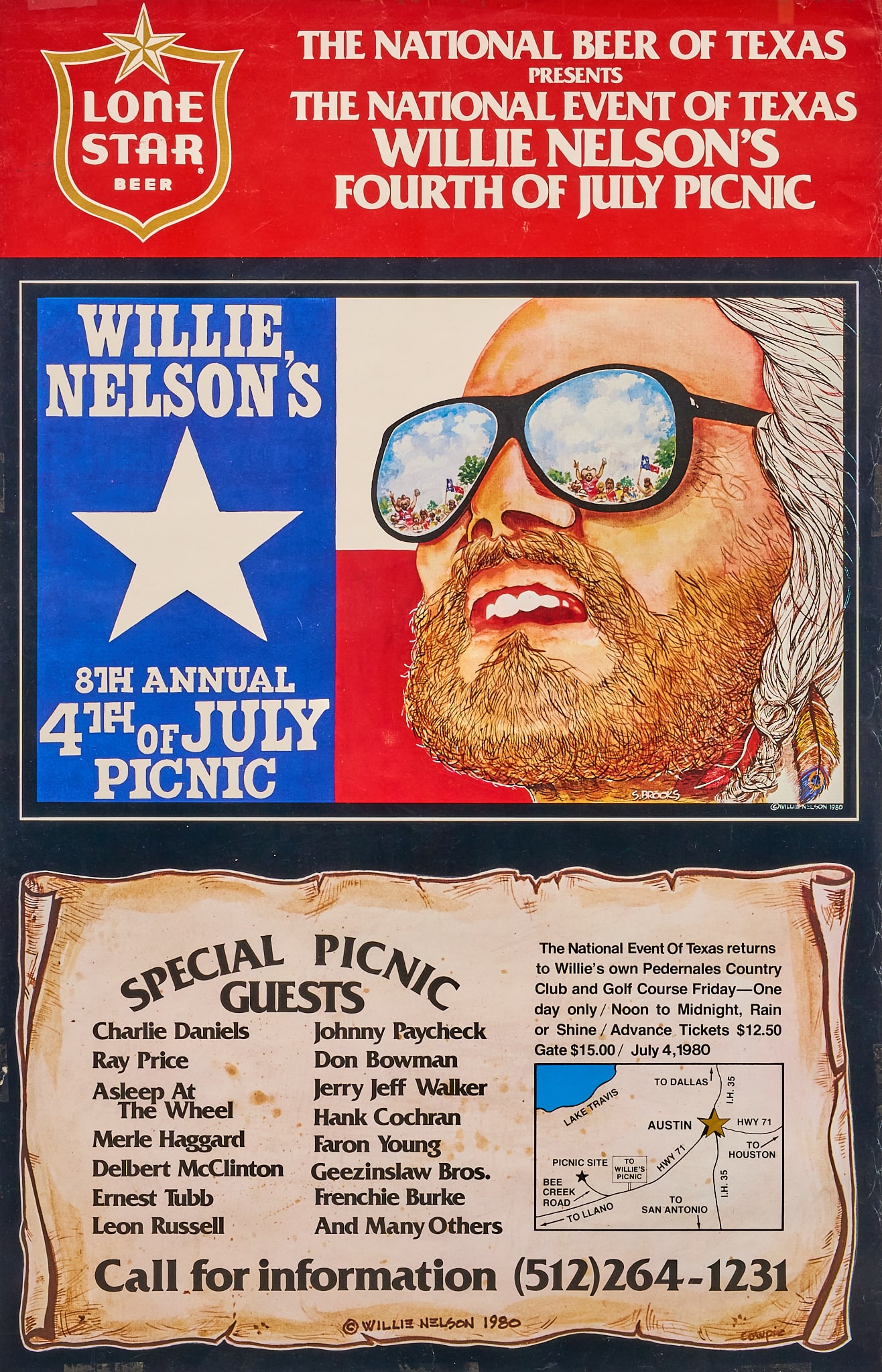 Framed Willie Nelson 4th of July Picnic Poster: Framed Willie Nelson 1980 4th of July Picnic poster sight: 27.5 x 18 in., frame: 34 x 26 in. Provenance: Property from a home in San Antonio, TX 
