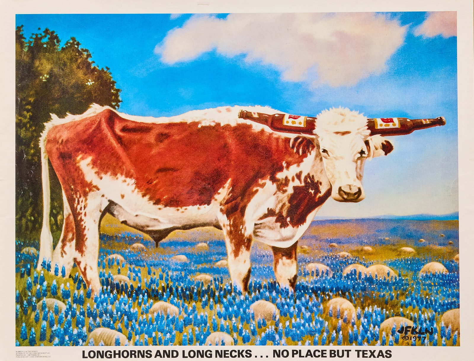 Framed Lone Star "Longhorns and Long Necks" Poster: Framed Lone Star "Longhorns and Long Necks" poster, by Jim Franklin (Austin, Texas) sight: 30 x 23 in., frame: 40 x 27 in. Provenance: Property from a home in San Anto