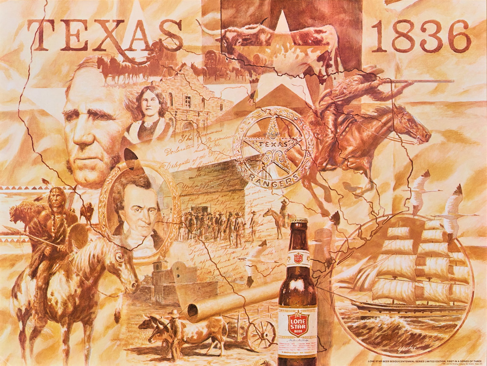 Lone Star Beer Sesquicentennial Poster: Lone Star Beer Sesquicentennial 1986 Poster by Sam Yeates (Austin, Texas), #1 of a series of 3 sight: 28 1/2 x 21 1/2 in., frame: 40 x 27 in. Provenance: Property from a home in 