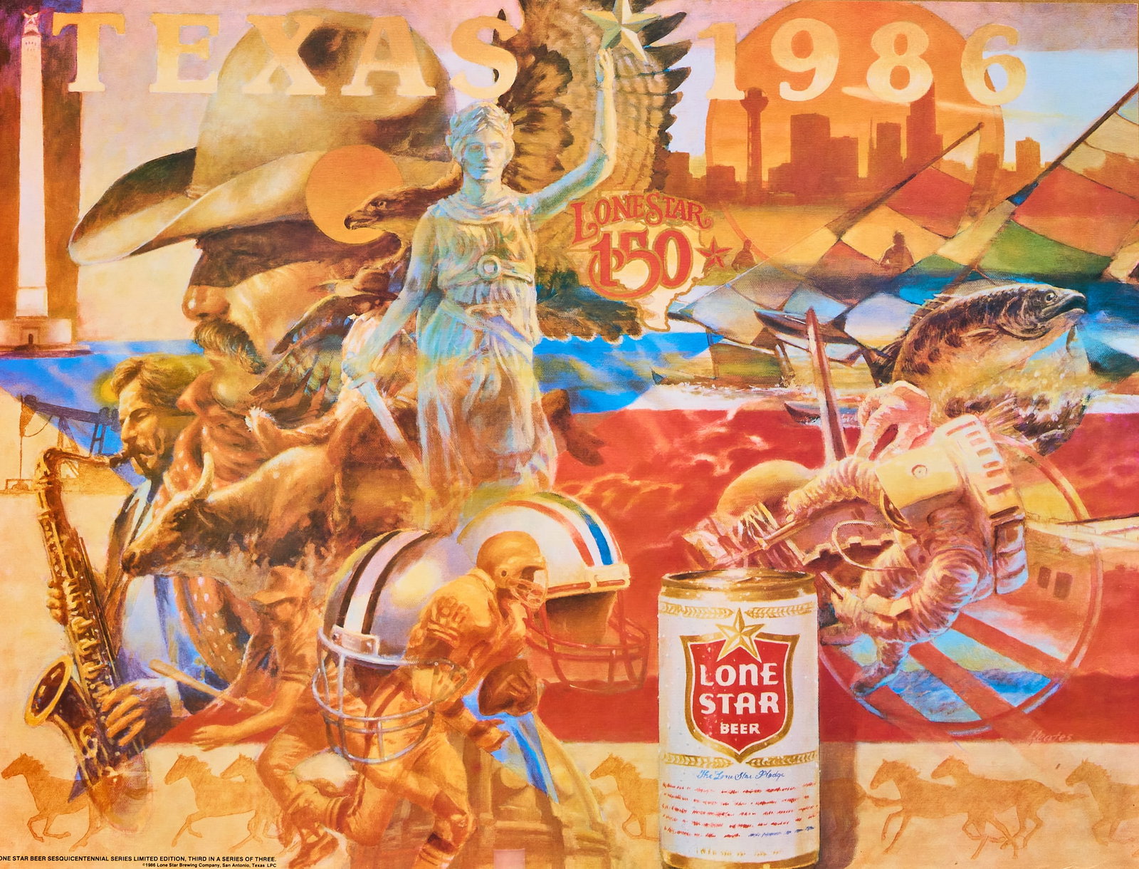 Lone Star Beer Sesquicentennial Poster: Lone Star Beer Sesquicentennial Poster by Sam Yeates (Austin, Texas), #3 in series of 3 sight: 28 1/4 x 21 1/4 in., frame: 40 x 27 in. Provenance: Property from a home in San Antonio,