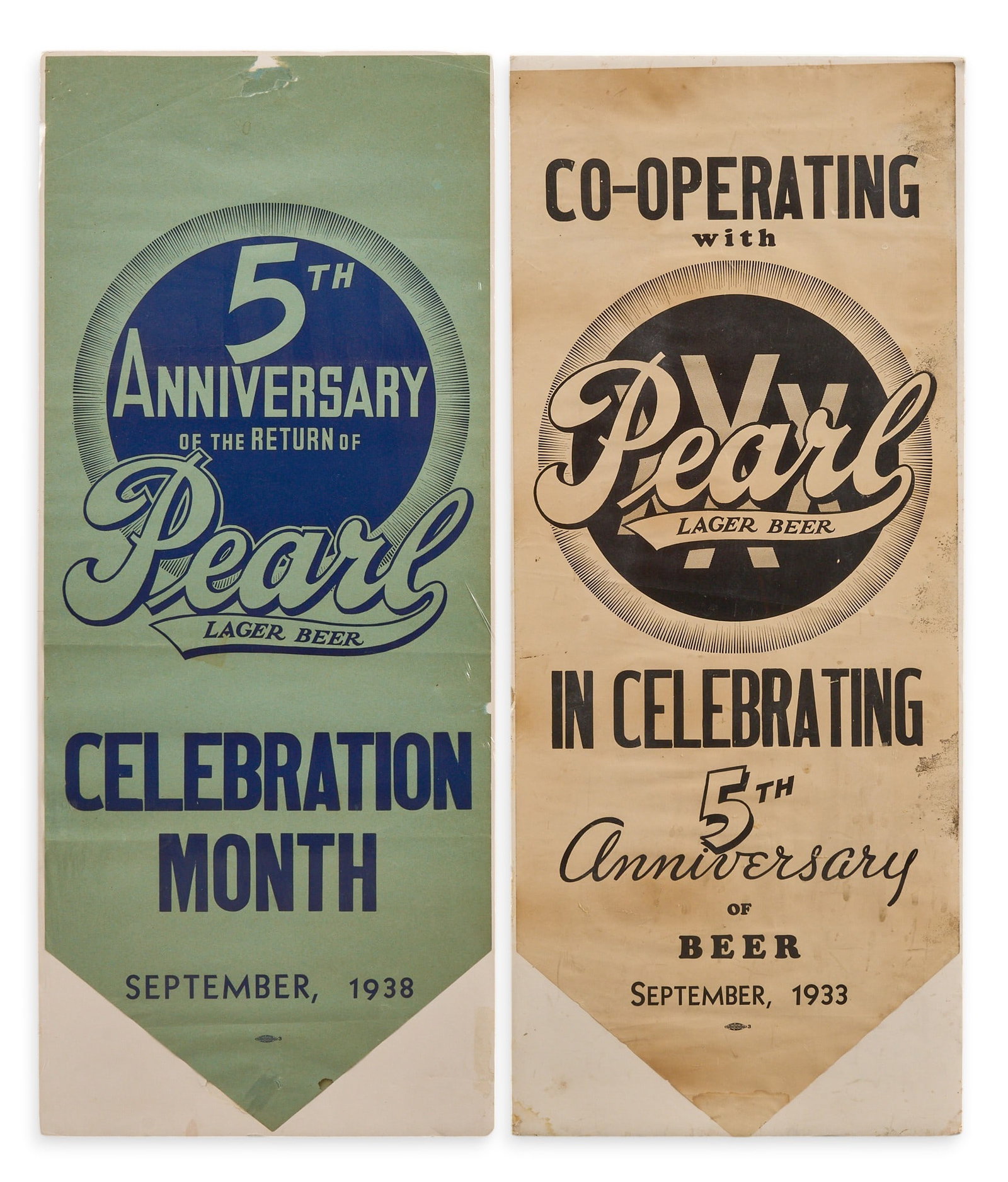 (2) Prohibition Era Pearl Beer Ads: (2) Prohibition era Pearl Beer advertisements height 23.25 in. x width 9.75 in. Provenance: Property from a home in San Antonio, Texas
