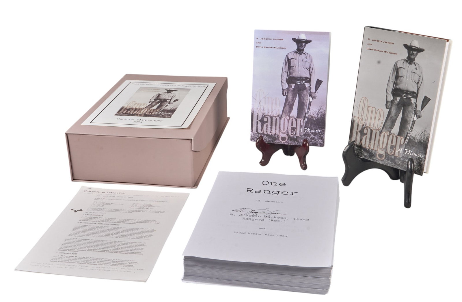 "One Ranger" Manuscript and Signed Book: "One Ranger" book publishing collection; boxed set of original items to include: -2003 photocopy of Jackson's contract with UT Press for the book -Jackson's original 2004 typed