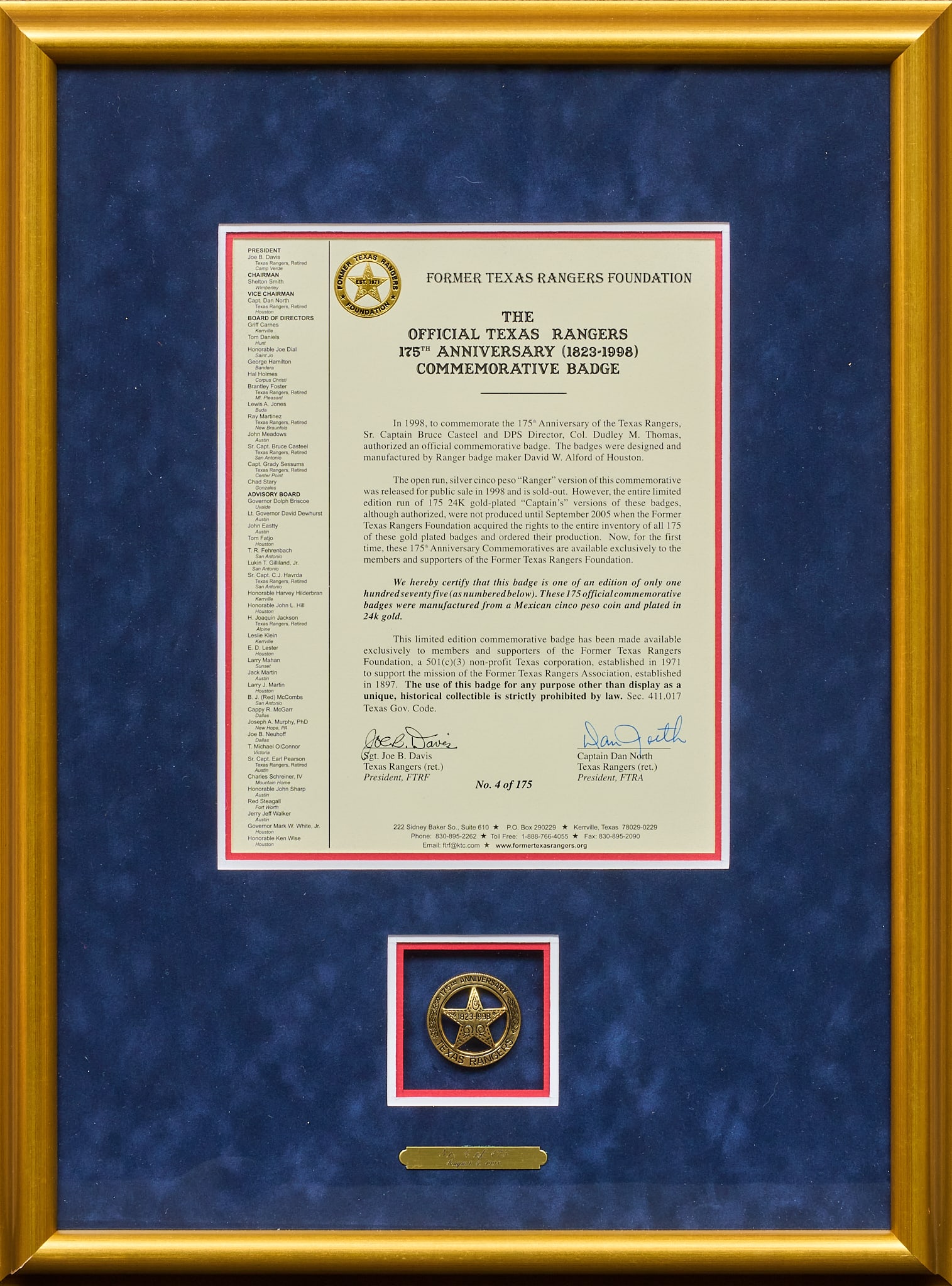 Joaquin Jackson: Texas Rangers 175th Anniv. Badge: Texas Rangers 175th anniversary commemorative badge, hand cut from a Mexican cinco peso coin, no. 4 of 175 sight: 11 x 9 in., frame: 22 x 16 in. Provenance: Collection of Joaquin