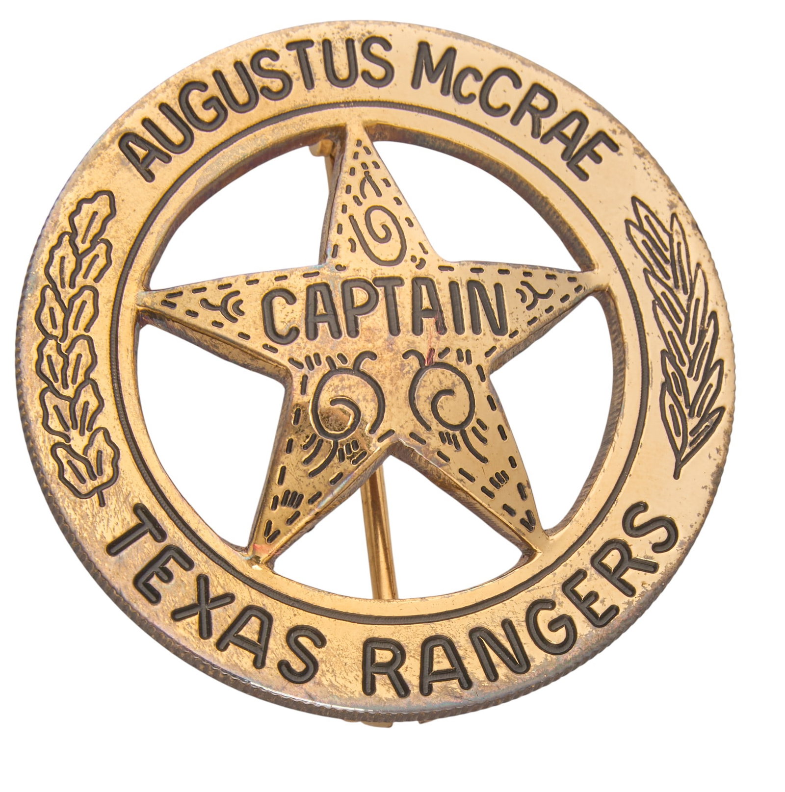 Gus McCrae Texas Rangers Captain's Badge: Augustus McCrae Texas Rangers Captain's badge made by the Lopez Brothers, the official Texas Rangers badge makers, from a Mexican cinco peso coin, plated in 22K gold (customary for Captains'