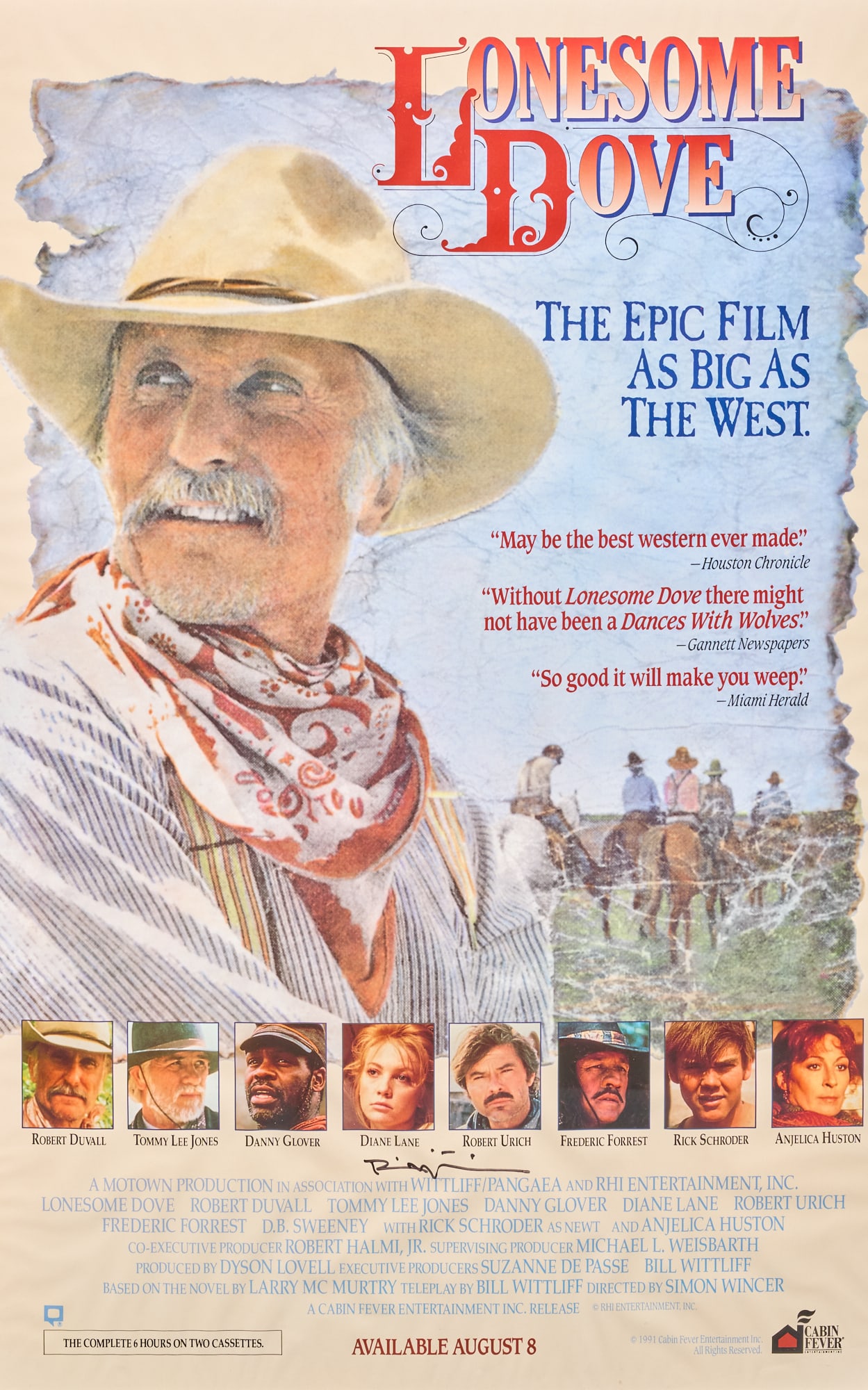 Signed "Lonesome Dove" Framed Movie Poster: Signed by Bill Wittliff, framed "Lonesome Dove" movie poster, starring Robert Duvall and Tommy Lee Jones frame: 41.5 x 27 in. Provenance: Property from a home in Bandera,