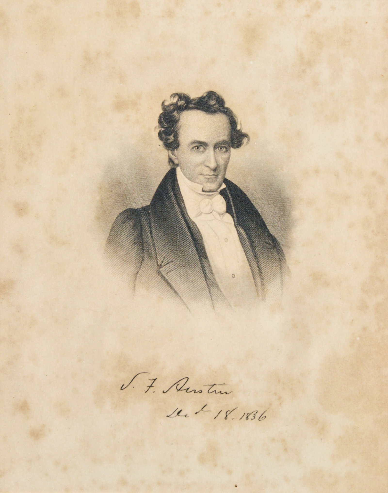 Stephen F. Austin Historical Display: 21st century reproduction of a metal plate engraving portrait of Stephen F. Austin image: 10 x 8 in., frame: 17.5 x 14.5 in. Provenance: Property from a Wimberley, Texas art and antiques collector