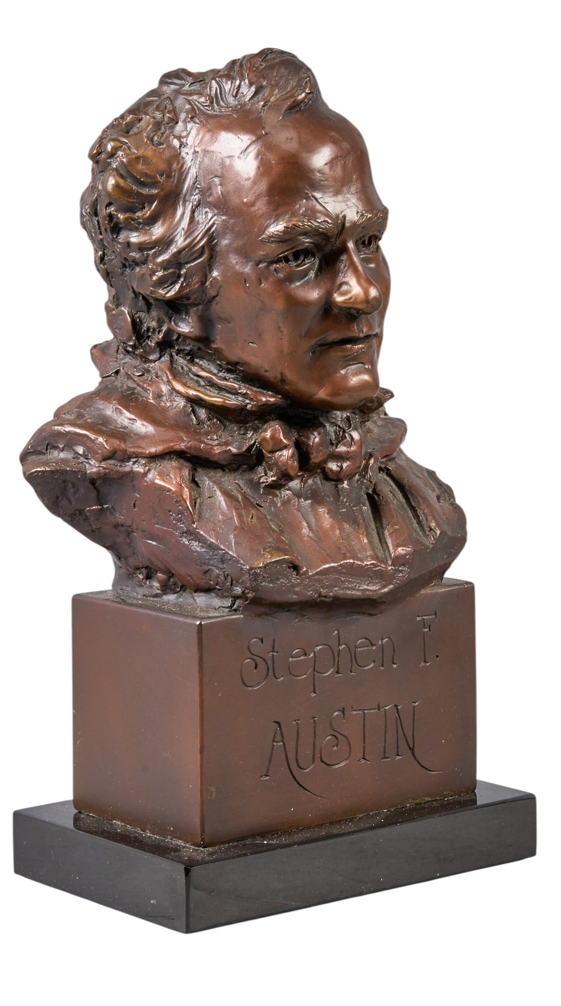 Glenna Goodacre, Stephen F. Austin: Glenna Goodacre (Amer., 1939-2020), bust of Stephen F. Austin, artist-cast bronze sculpture atop stone base, with incised signature and edition number 6/25 height 11.5 in. x width 7 in. x depth 4