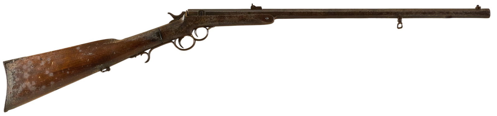 Antique Frank Wesson 40 cal. 1st Type Two-Trigger Tip-Up Rifle: Serial: 3862 (hard to read) Manufacturer: Frank Wesson (c. Model: 1st Type Two-Trigger Tip-Up Caliber: approx. 40 cal. Barrel Length: 24 in. OAL: 39 in. Condition: Fair-poor antique condition;