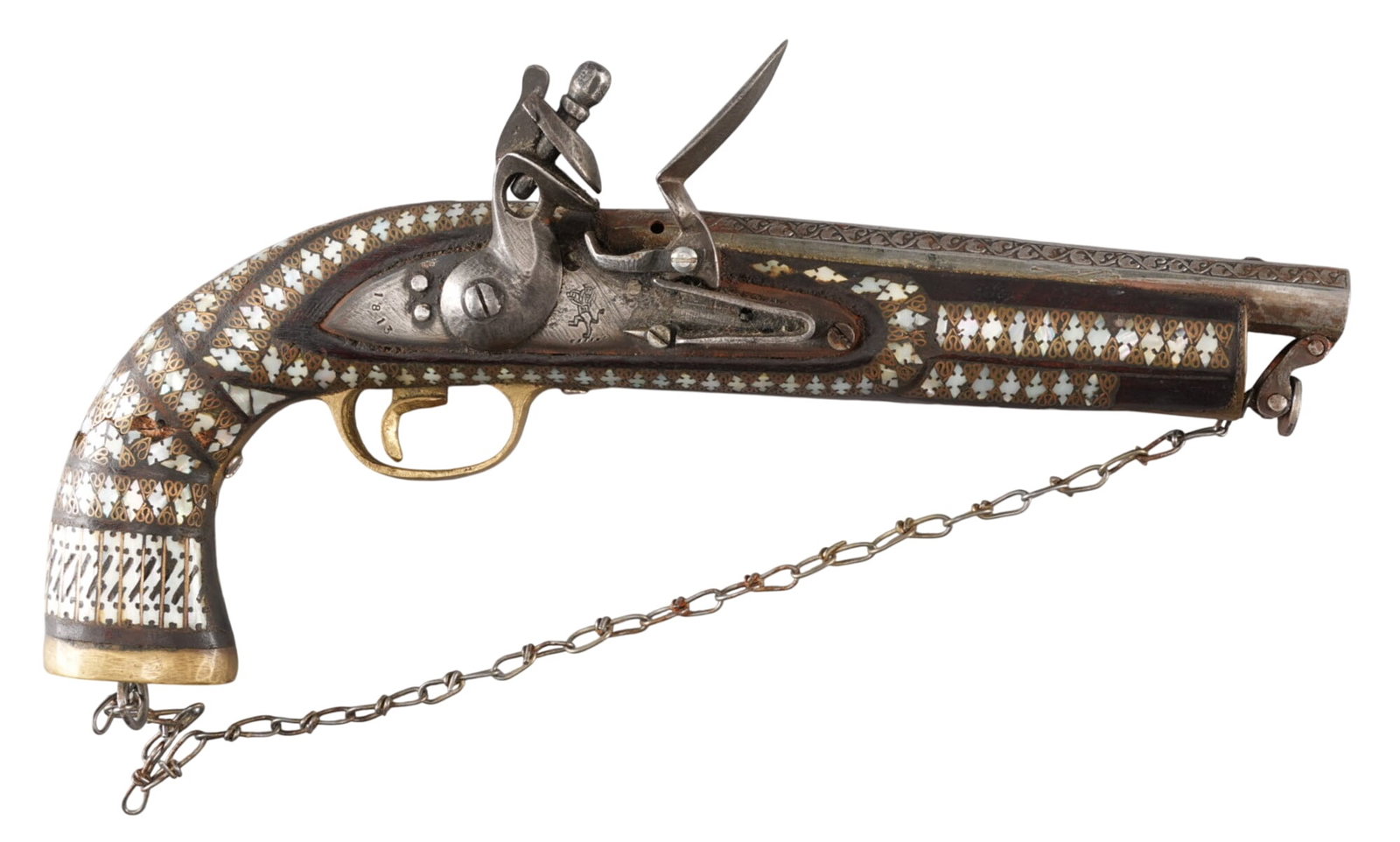 Decorative Black Powder Flintlock & Powderhorns: Includes: -Decorative flintlock pistol -2 leather powder flasks Provenance: A San Antonio, Texas gentleman
