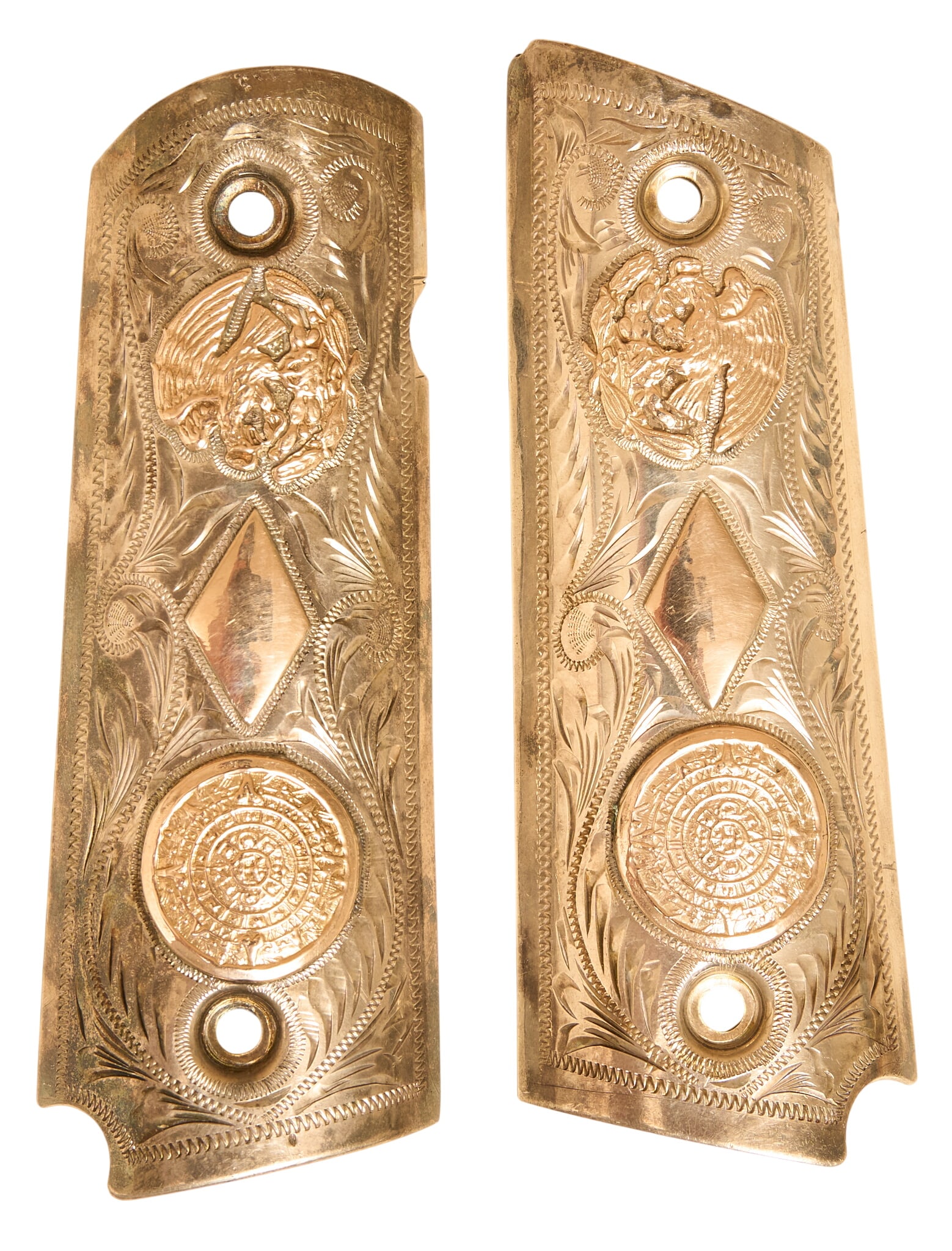 Pair of Mexican Sterling Silver 1911 Grips: Pair of Mexican sterling silver 1911 gun grips -marked: "PLATA DE JALISCO / V.H.L.C. / GUAD. MEX." w/ "925" marked inside a triangle -sterling silver & engraved