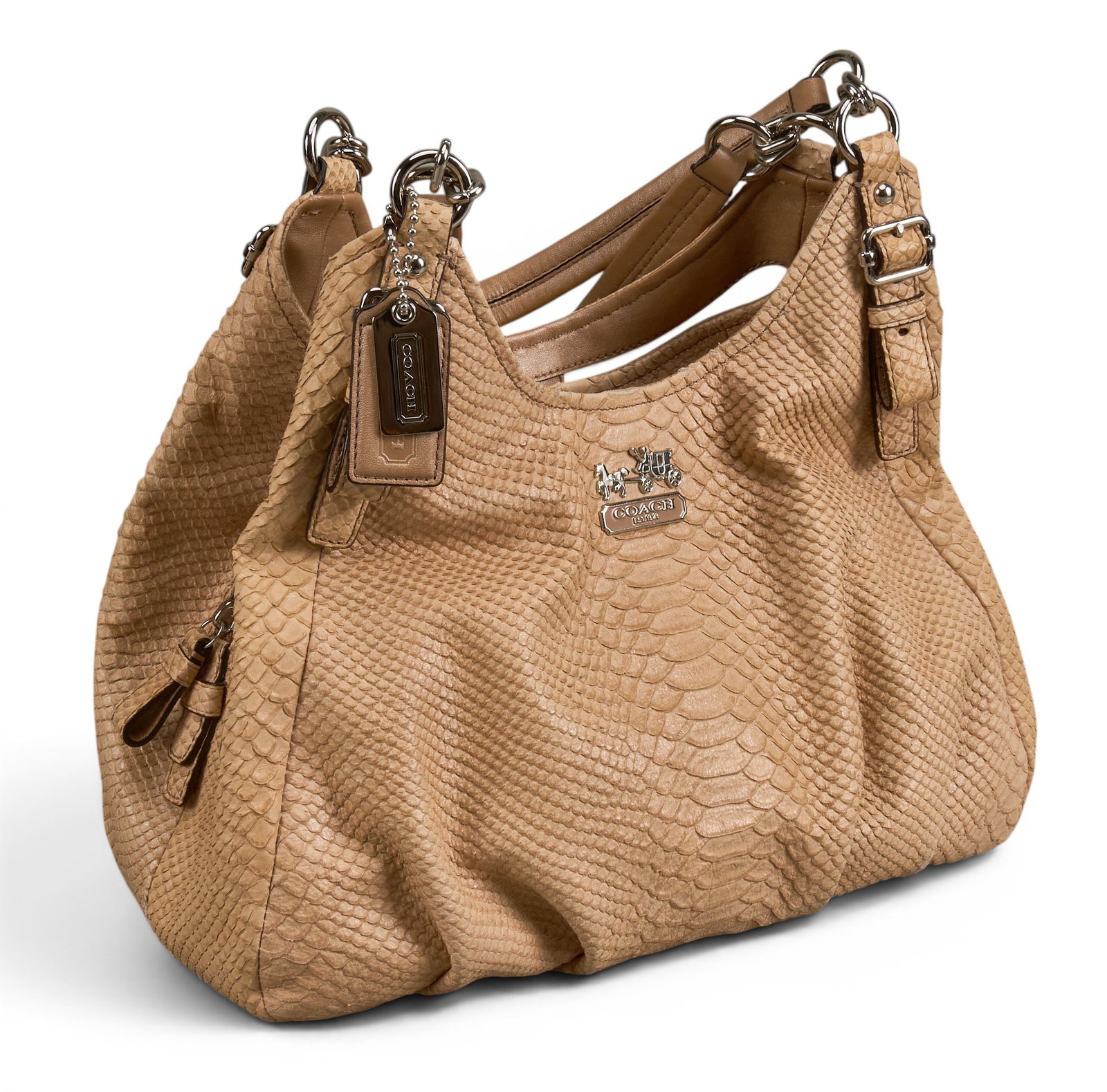 Coach Python Embossed Bag: Coach Madison Maggie hobo shoulder bag of tan textured python-embossed leather, with silver-toned hardware; includes tag charm, card, and dust bag 12.5 in. x 13 in. x 5 in. Condition AA; perfect