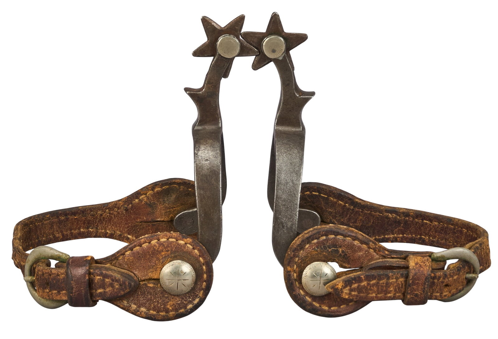 Pair of J.R. McChesney Silver Mounted Spurs: Pair of J.R. McChesney silver mounted spurs with leather heel straps overall length: 5.5 in. heel width: 2.5 in. rowel diameter: 1.25 in. Provenance: Property from a San Antonio, Texas col