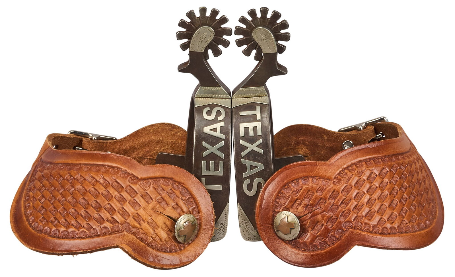 Pair of Texas Longhorn Pattern Spurs: Pair of Texas longhorn pattern spurs, marked "Casey" on heel band near button, with tooled leather heel straps, longhorn motif and "Texas" on neck, and state of Texas motif buttons