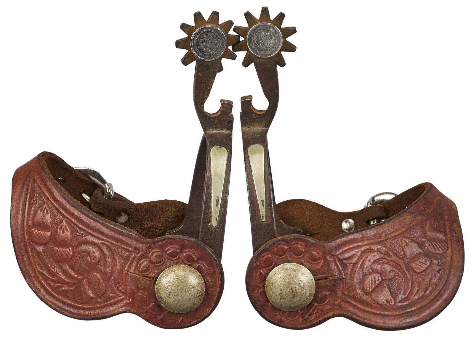 Pair of J.K Open Spurs: Pair of marked "J.K." open spurs with Mexican peso buttons overall length: 6 in. heel width: 2.75 in. rowel diameter: 1.5 in. Provenance: Property from a San Antonio, Texas collector o
