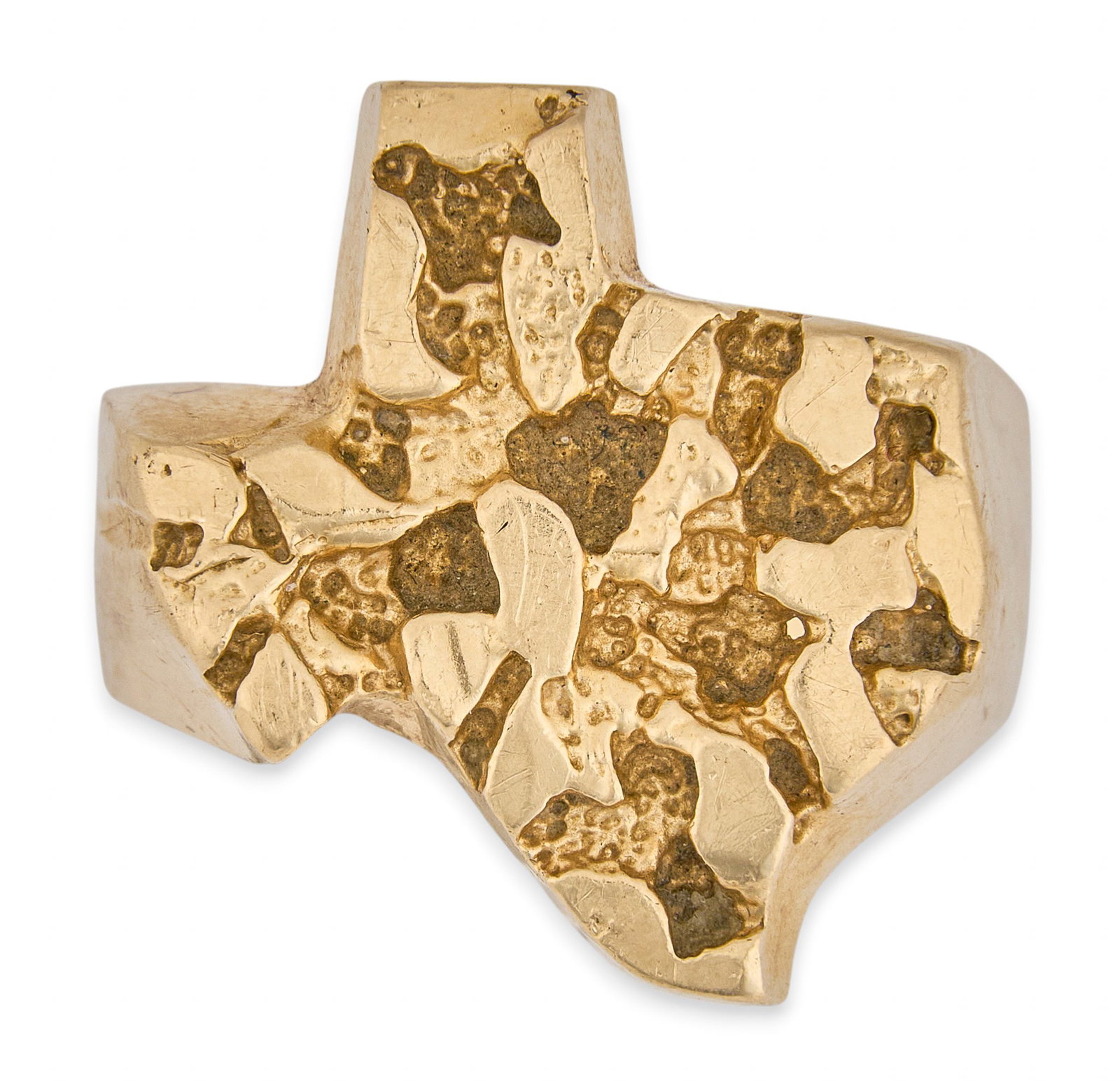 14K Texas Ring: 14K yellow gold ring, with textured face in Texas state motif, marked "SPJ 14K" Size: 10.5 Total weight: 12.0 g Provenance: Property from a home in San Antonio, Texas