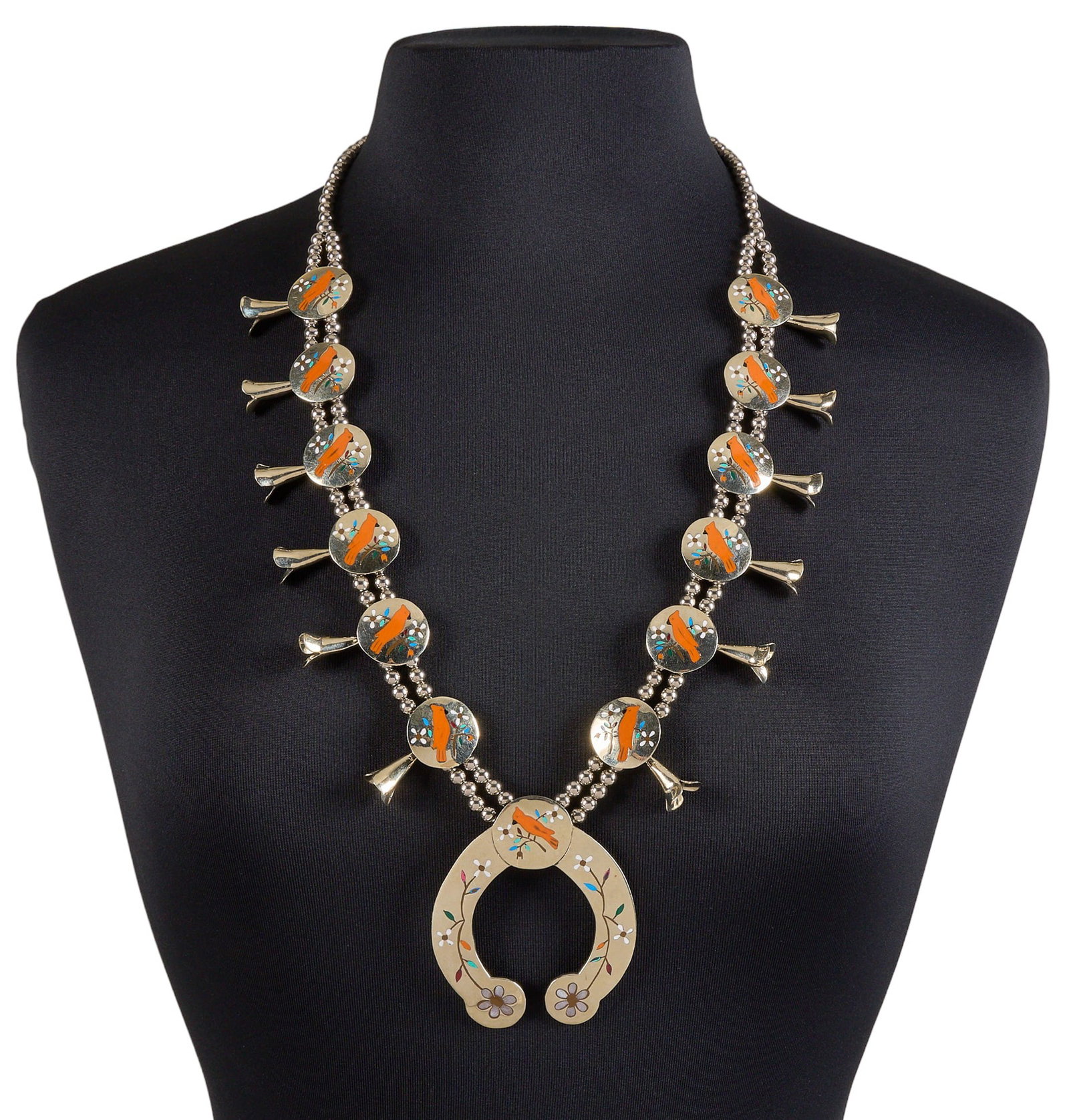 Southwestern Silver Plate Cardinal Squash Blossom: Southwestern style silver plate squash blossom necklace, set with multi-stone inlay in cardinal and floral motifs, with hook and eye closure, marked Length: 30 in. Total weight: 179.2 g Provenan